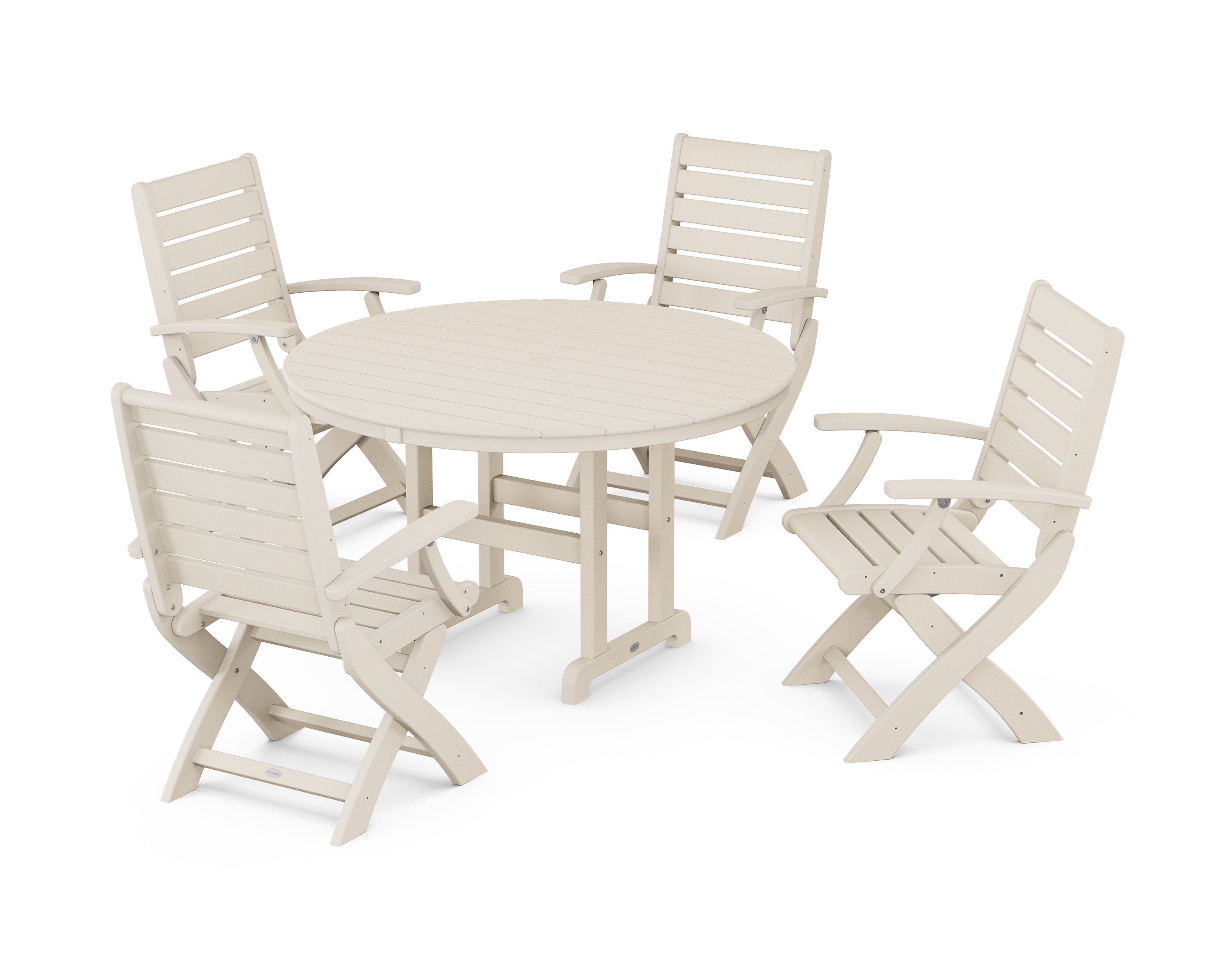 POLYWOOD® Signature Folding Chair 5-Piece Round Farmhouse Dining Set in Sand