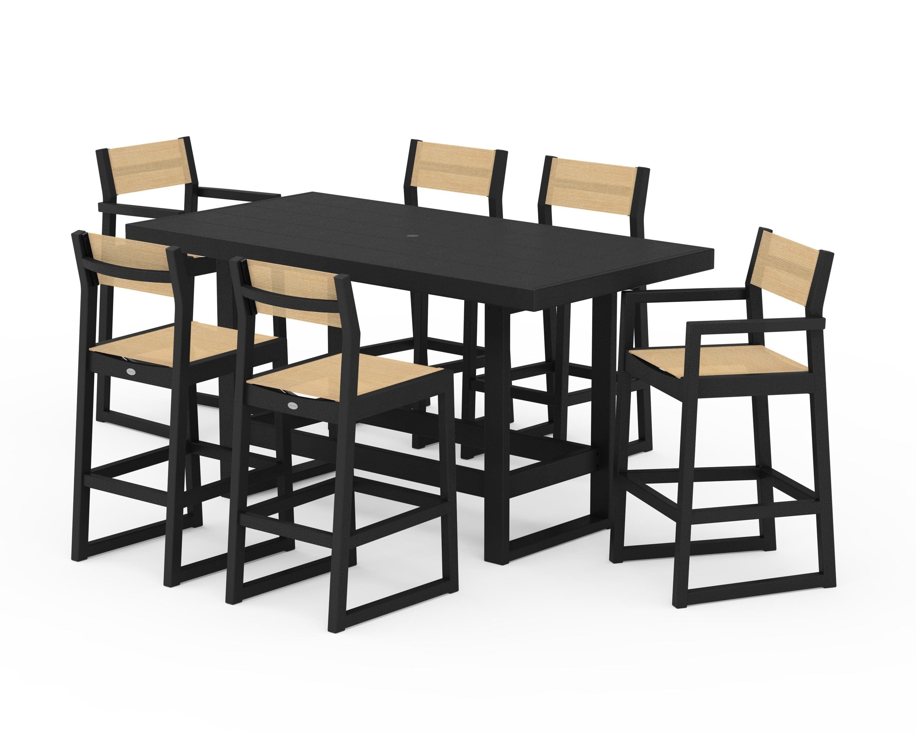 POLYWOOD EDGE Sling 7-Piece Bar Table Set in Black / Dupioni Apricot Sling