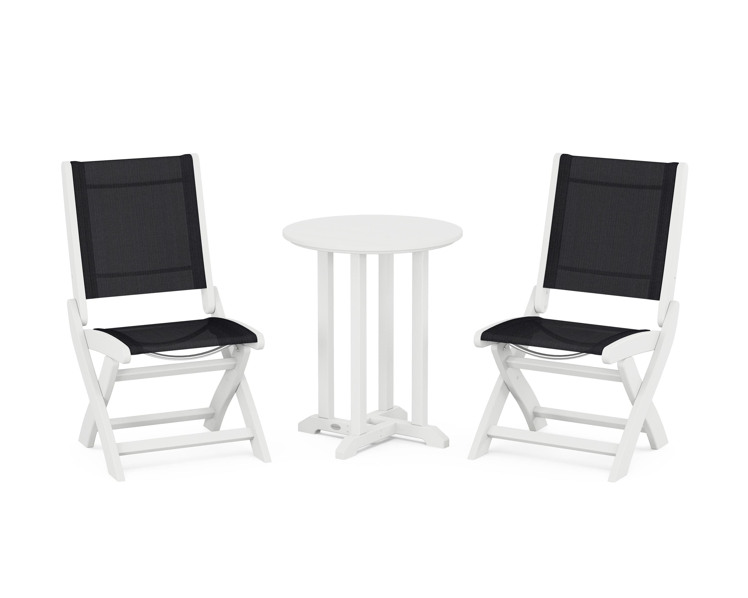 POLYWOOD Coastal Folding Side Chair 3-Piece Round Bistro Dining Set in White / Black Sling