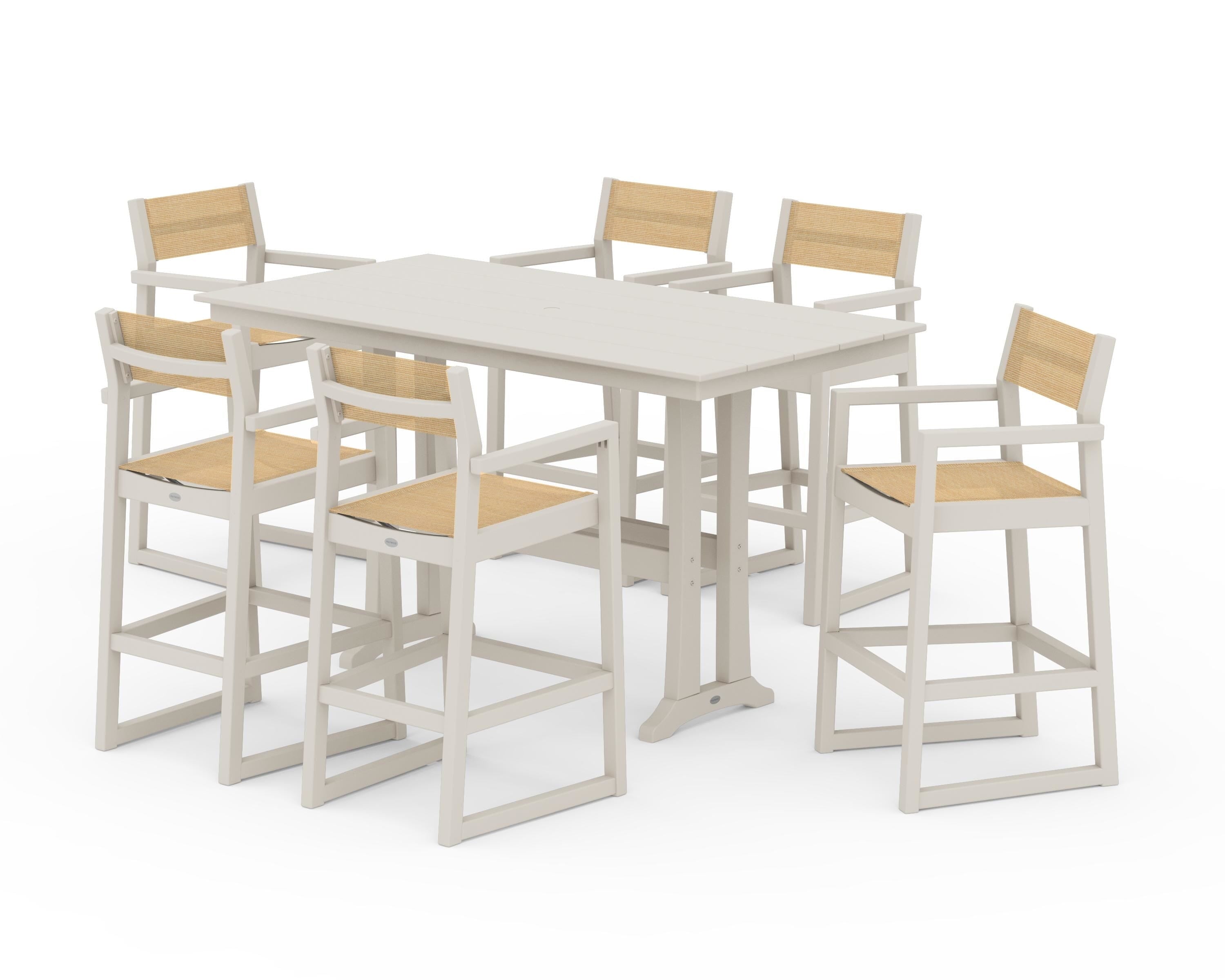 POLYWOOD EDGE Sling Arm Chair 7-Piece Farmhouse Bar Set with Trestle Legs in Sand / Dupioni Apricot Sling