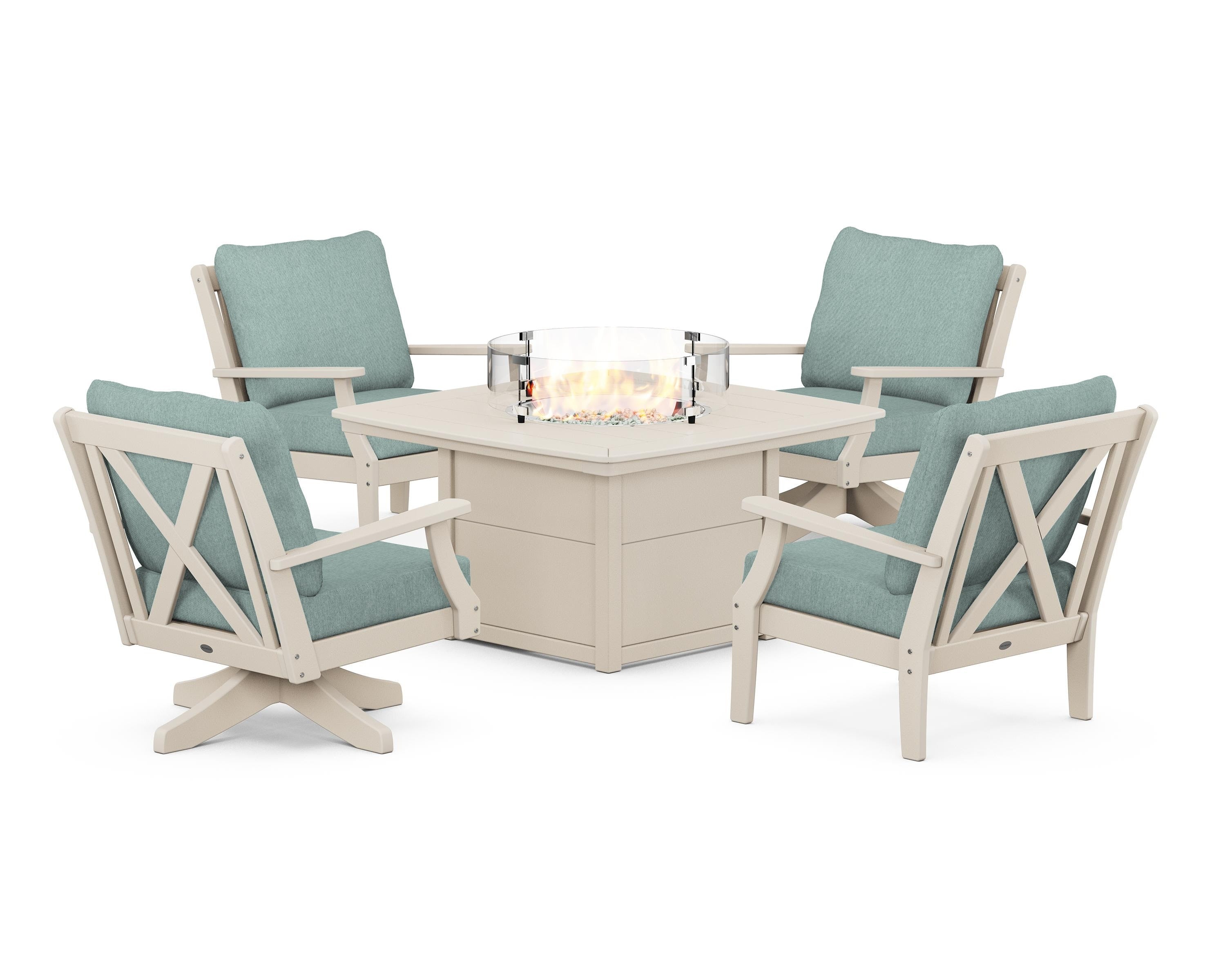 POLYWOOD Braxton 5-Piece Deep Seating Set with Fire Table in Sand / Glacier Spa