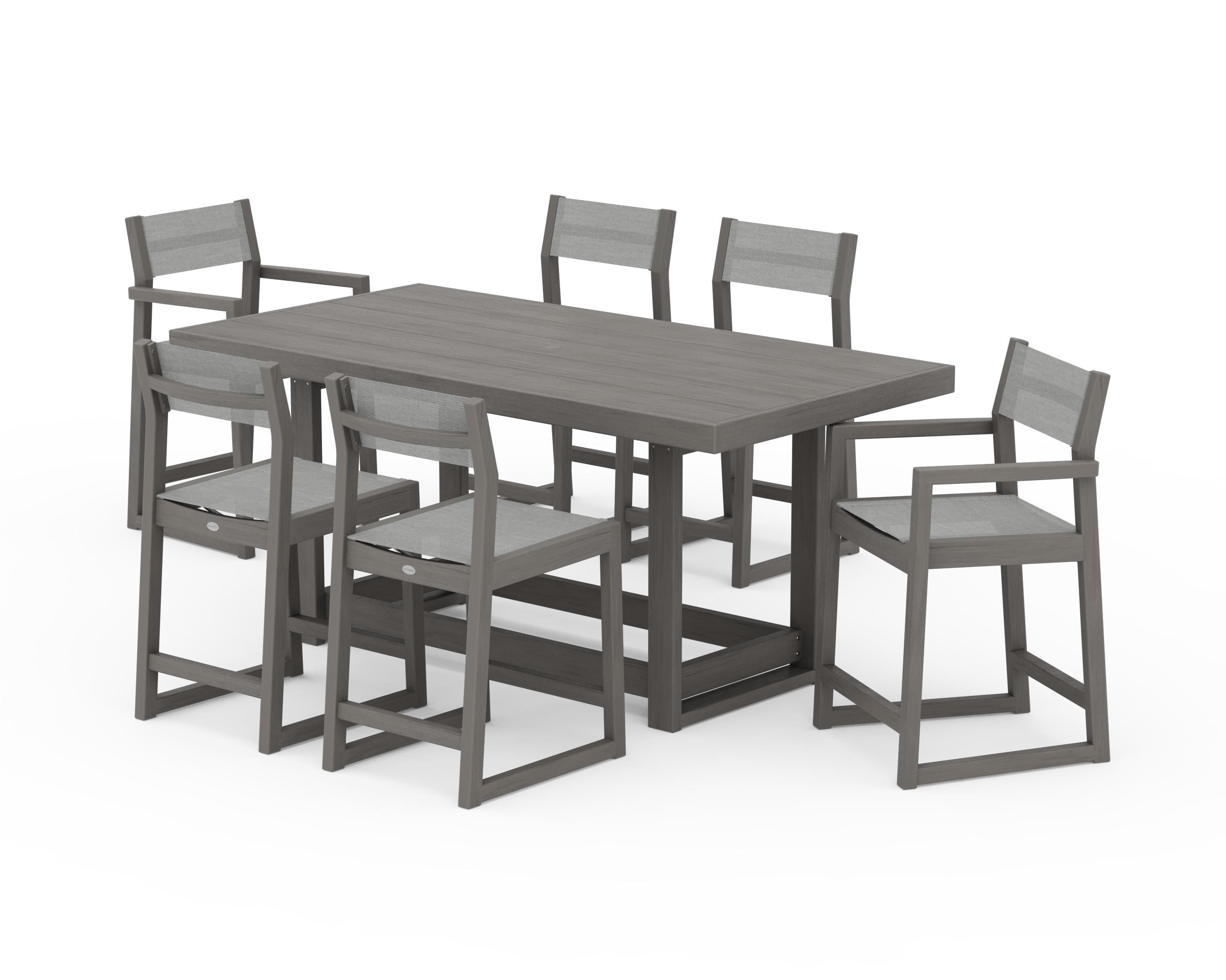 POLYWOOD EDGE Sling 7-Piece Counter Table Set in Driftwood / Metallic Sling