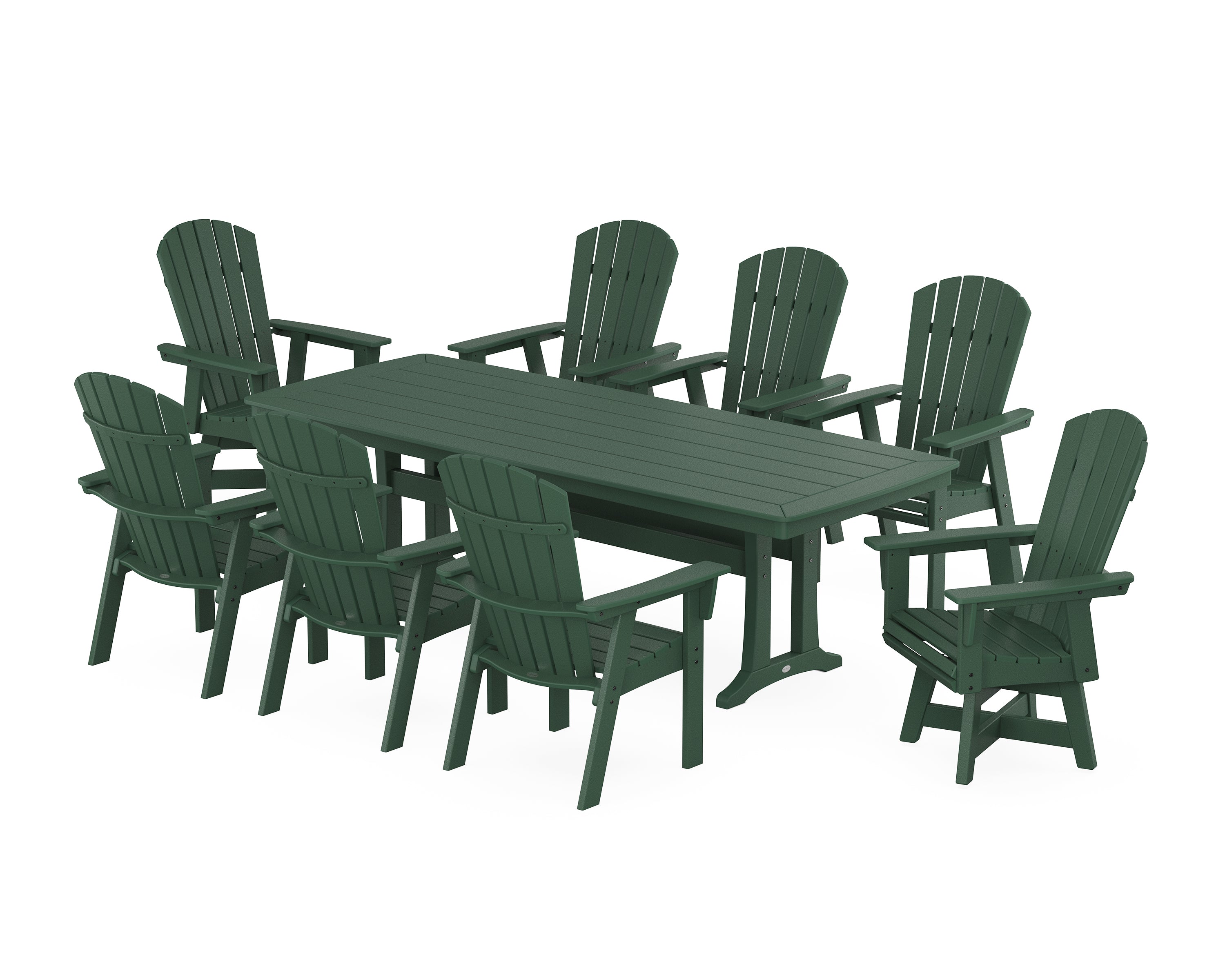 POLYWOOD® Nautical Curveback Adirondack Swivel 9-Piece Dining Set with Trestle Legs in Green