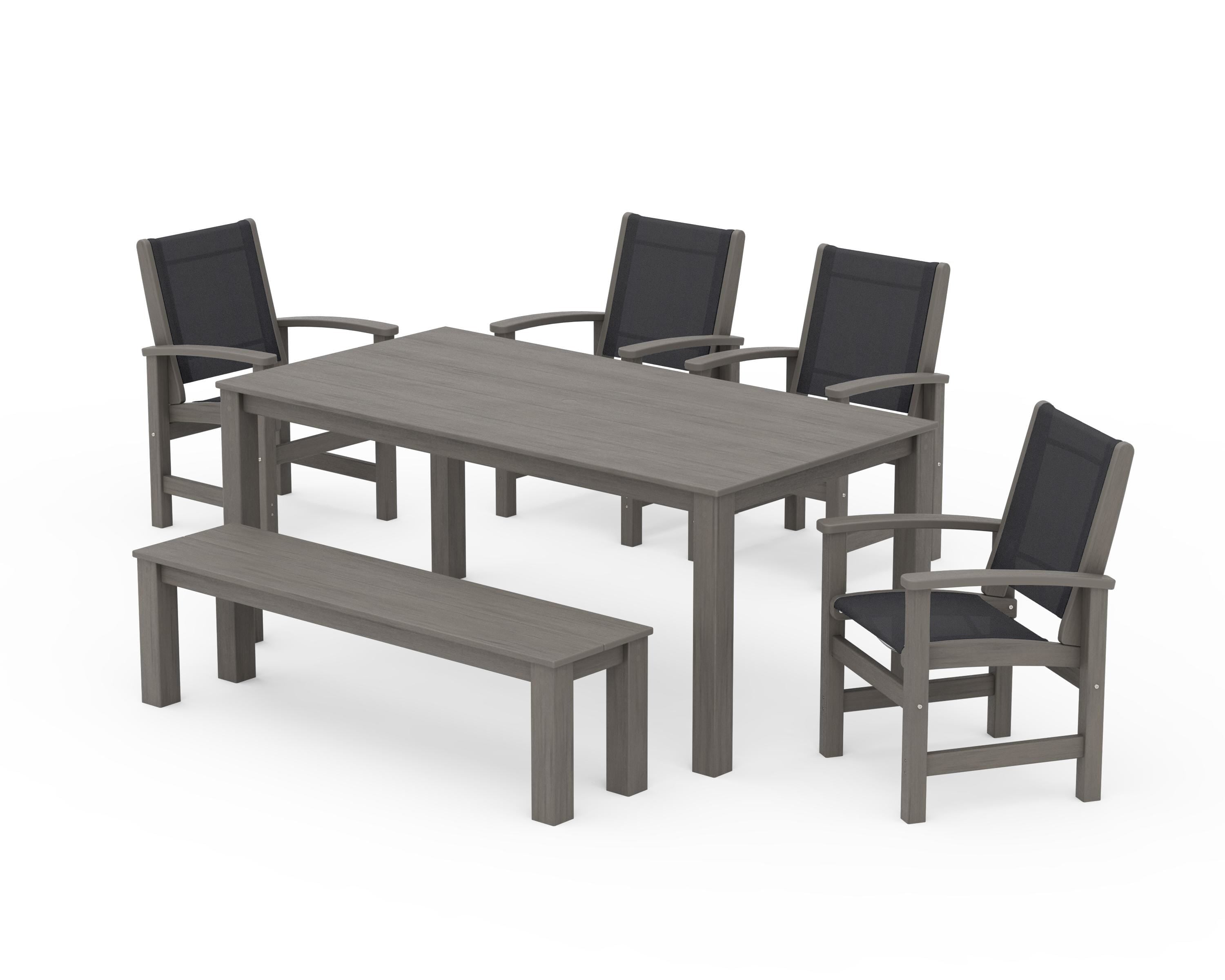 POLYWOOD Coastal 6-Piece Parsons Dining Set with Bench in Driftwood / Black Sling
