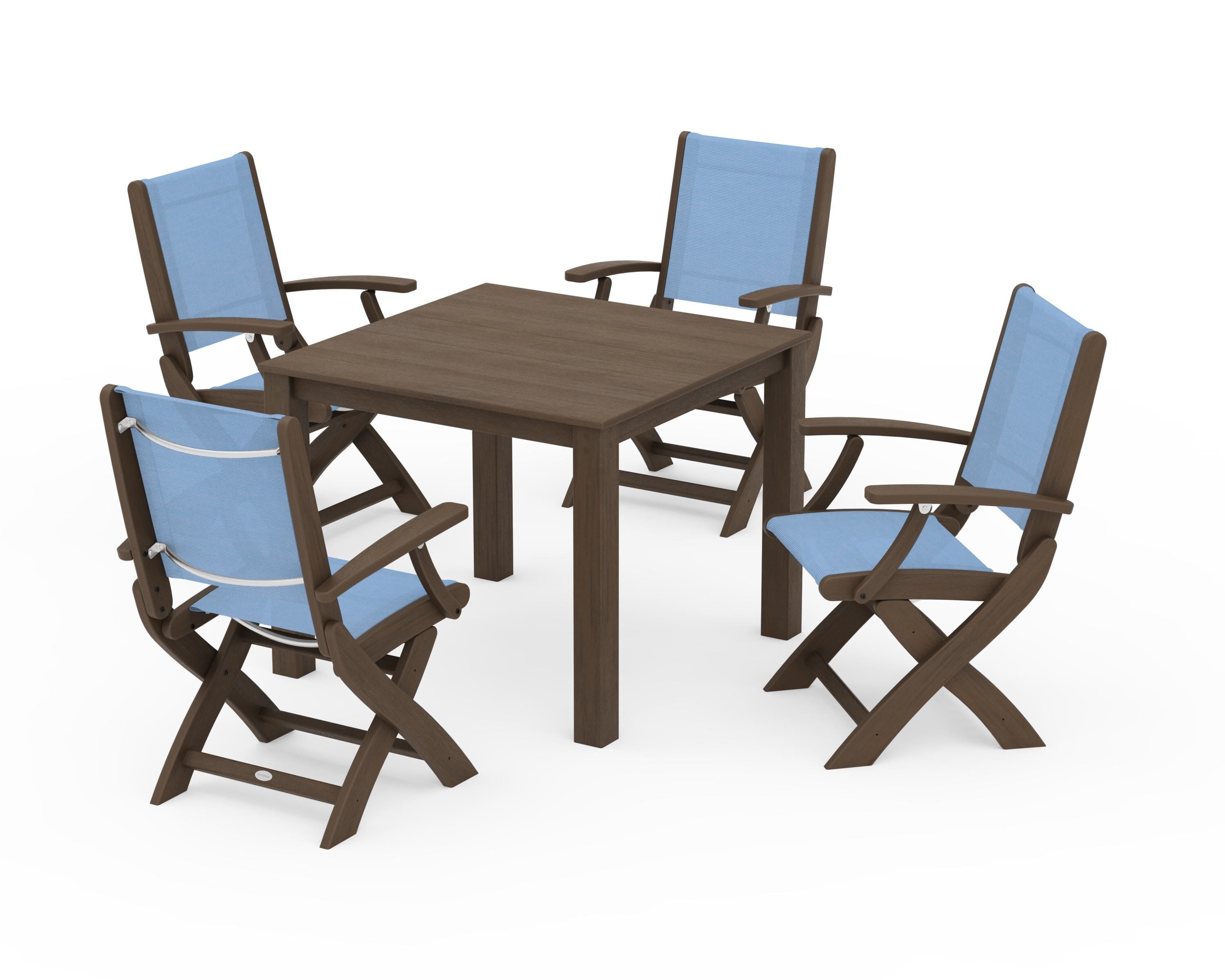 POLYWOOD Coastal Folding Chair 5-Piece Parsons Dining Set in Kona / Poolside Sling