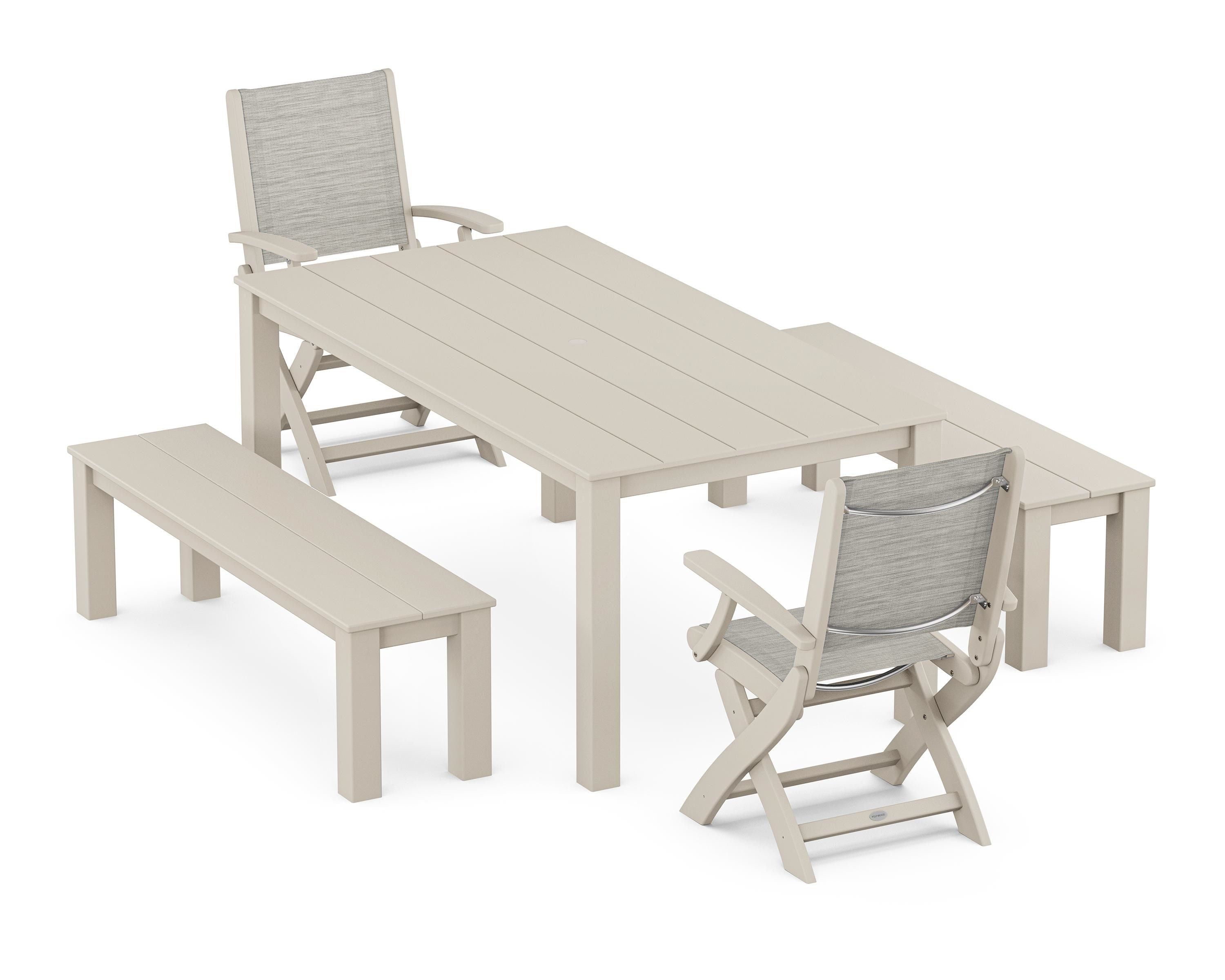 POLYWOOD Coastal Folding Chair 5-Piece Parsons Dining Set with Benches in Sand / Birch Sling
