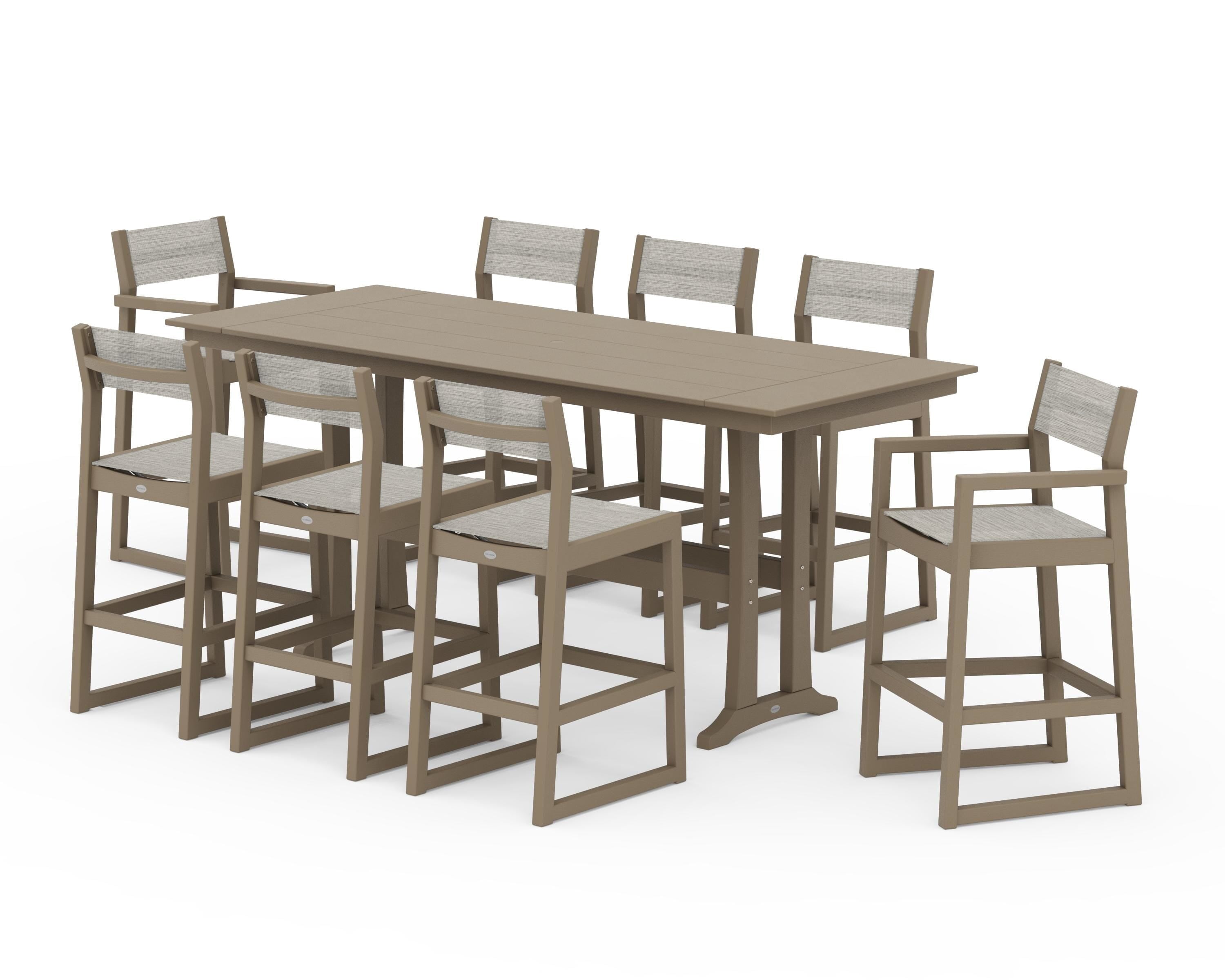 POLYWOOD EDGE Sling 9-Piece Farmhouse Bar Set with Trestle Legs in Vintage Sahara / Birch Sling