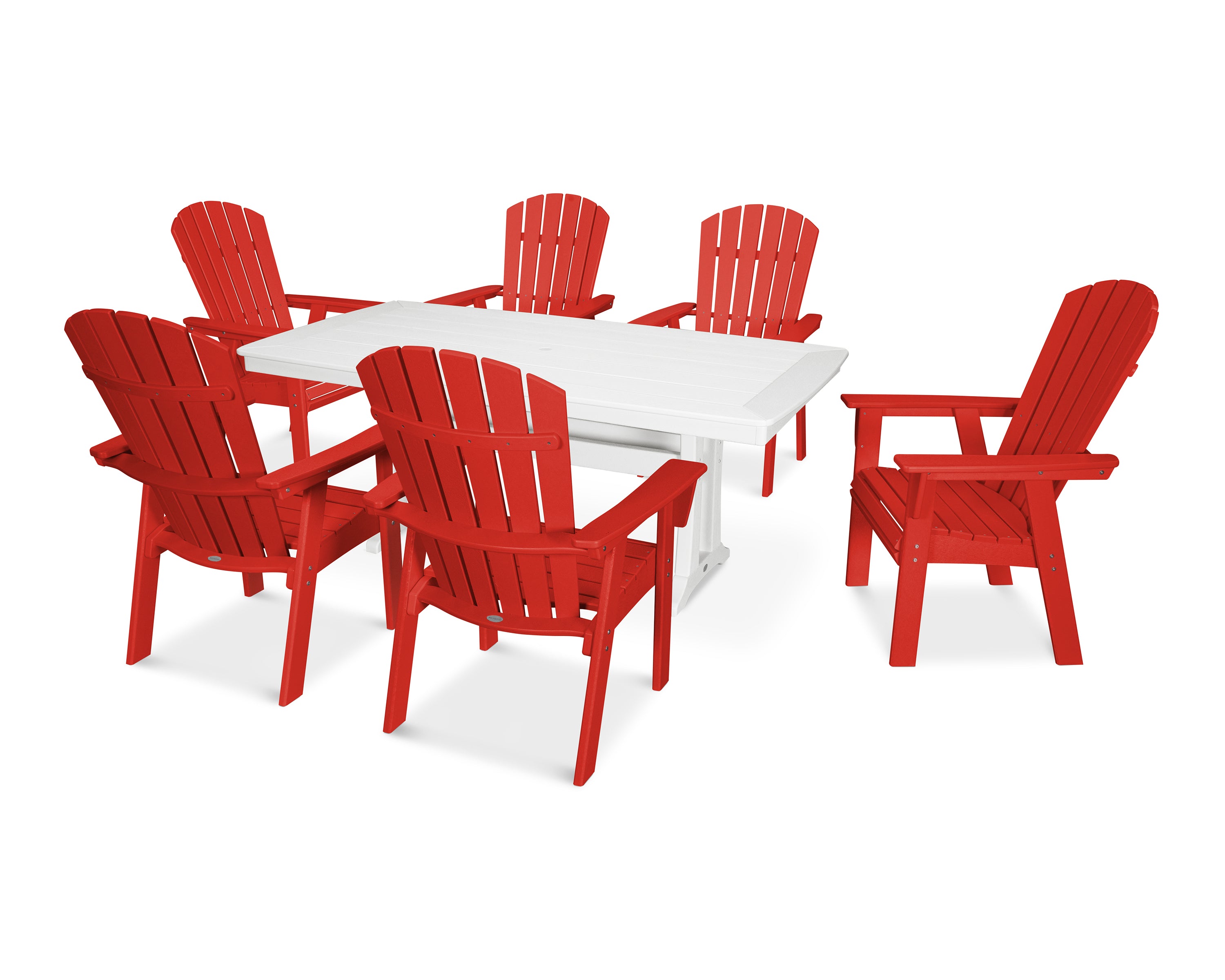 POLYWOOD® Nautical Curveback Adirondack 7-Piece Dining Set with Trestle Legs in Sunset Red / White