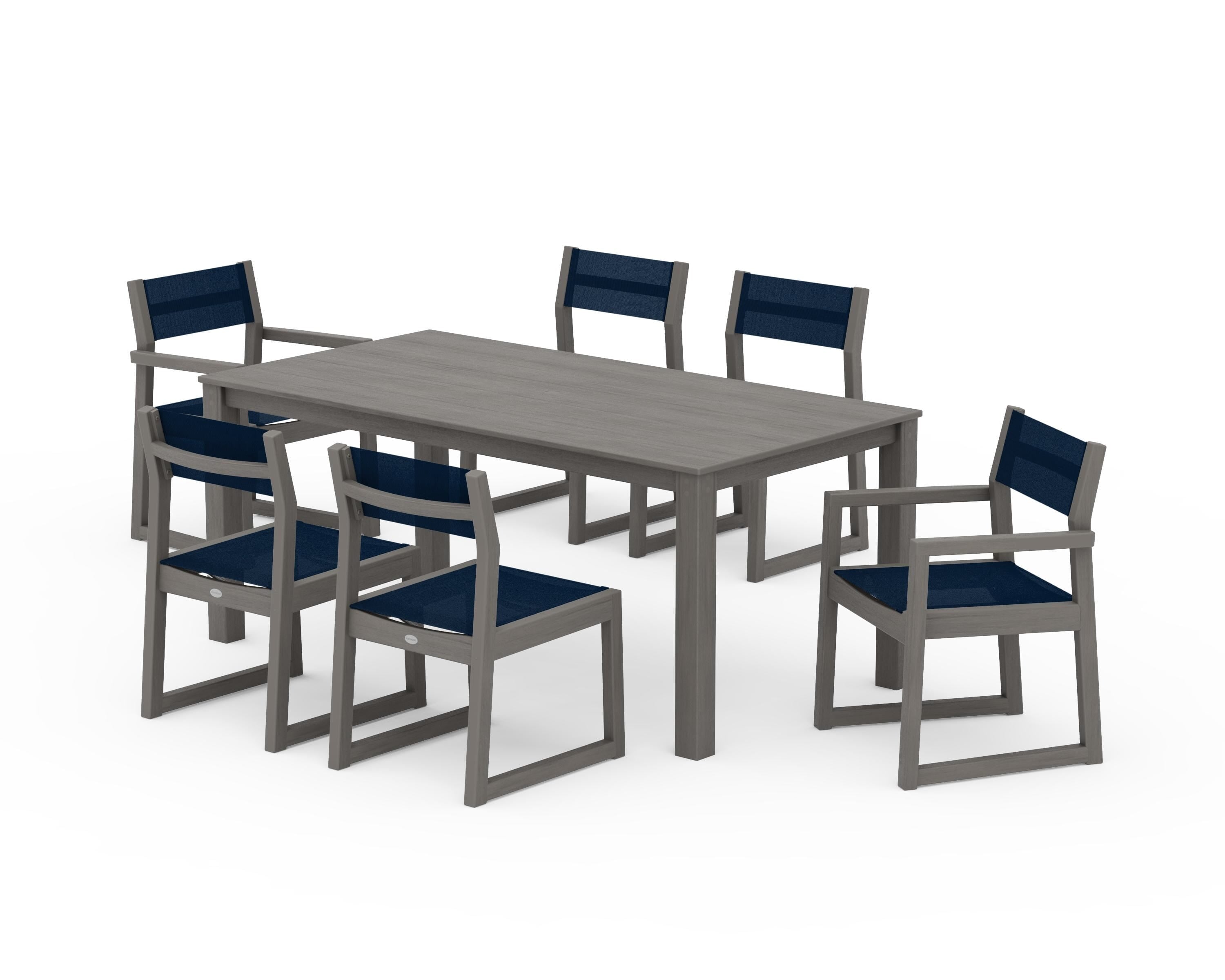 POLYWOOD EDGE Sling 7-Piece Parsons Dining Set in Driftwood / Navy Blue Sling