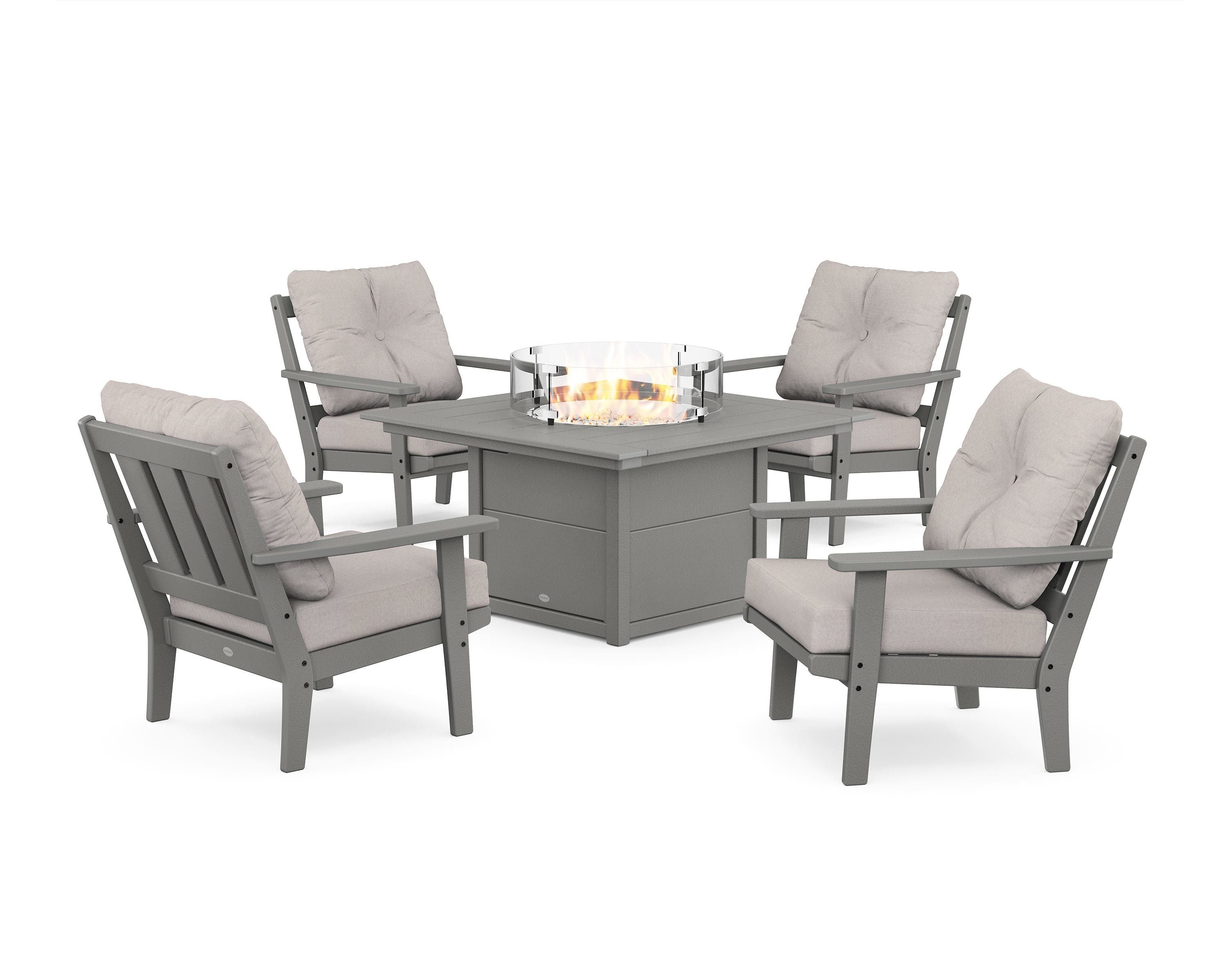 POLYWOOD Oxford 5-Piece Deep Seating Set with Fire Pit Table in Slate Grey / Dune Burlap