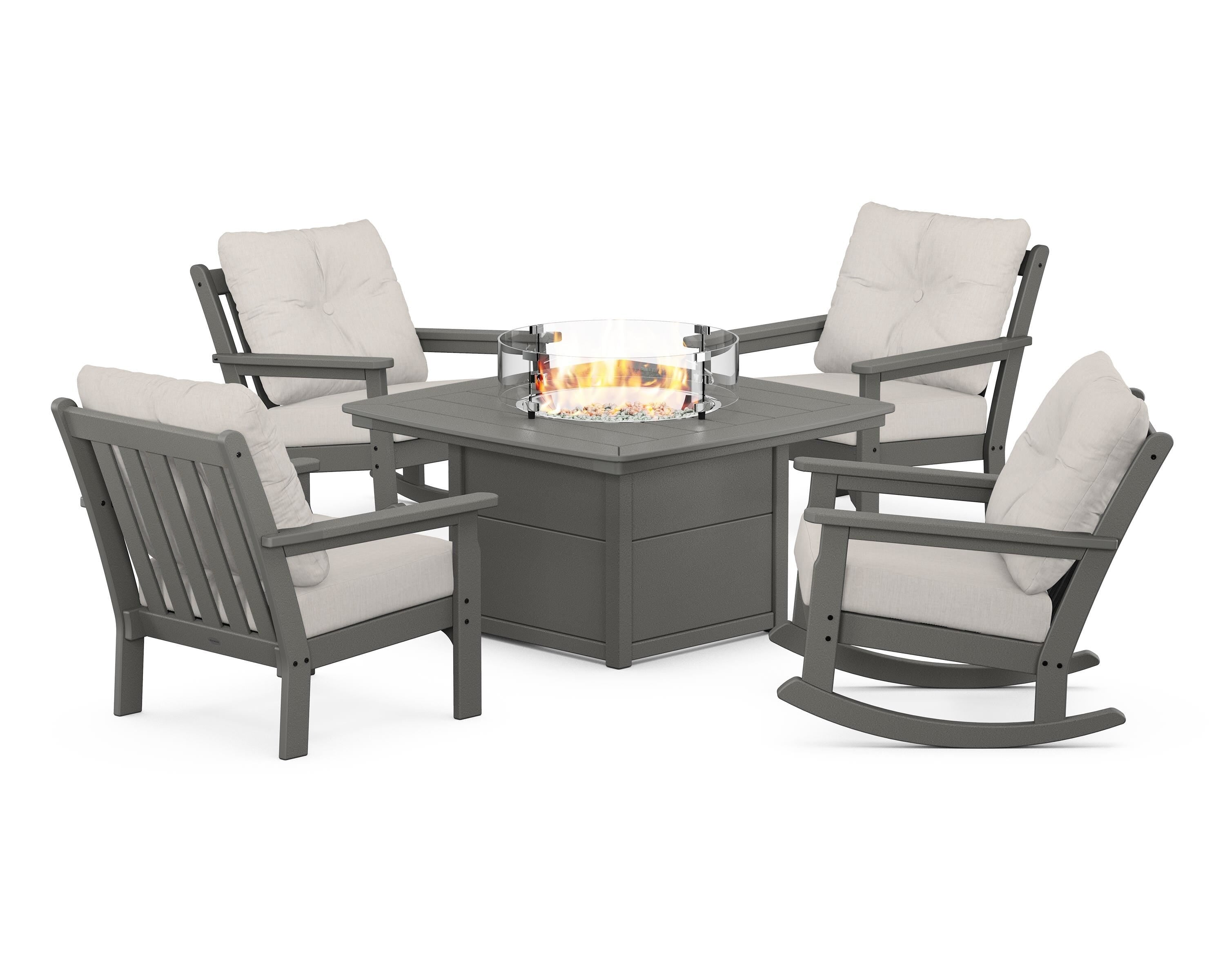 POLYWOOD Vineyard 5-Piece Deep Seating Rocking Chair Conversation Set with Fire Pit Table in Slate Grey / Cast Ash