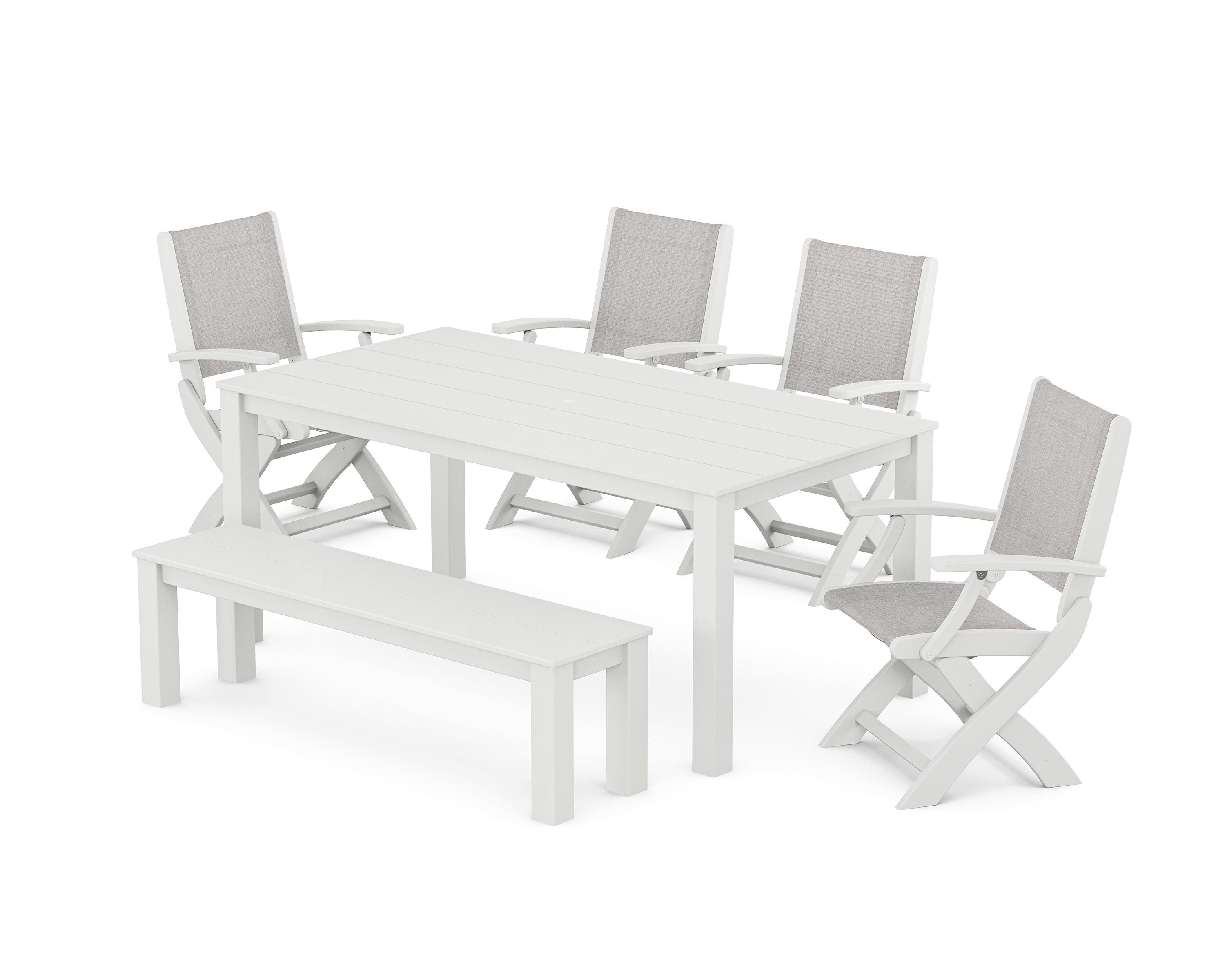POLYWOOD Coastal Folding Chair 6-Piece Parsons Dining Set with Bench in White / Parchment Sling