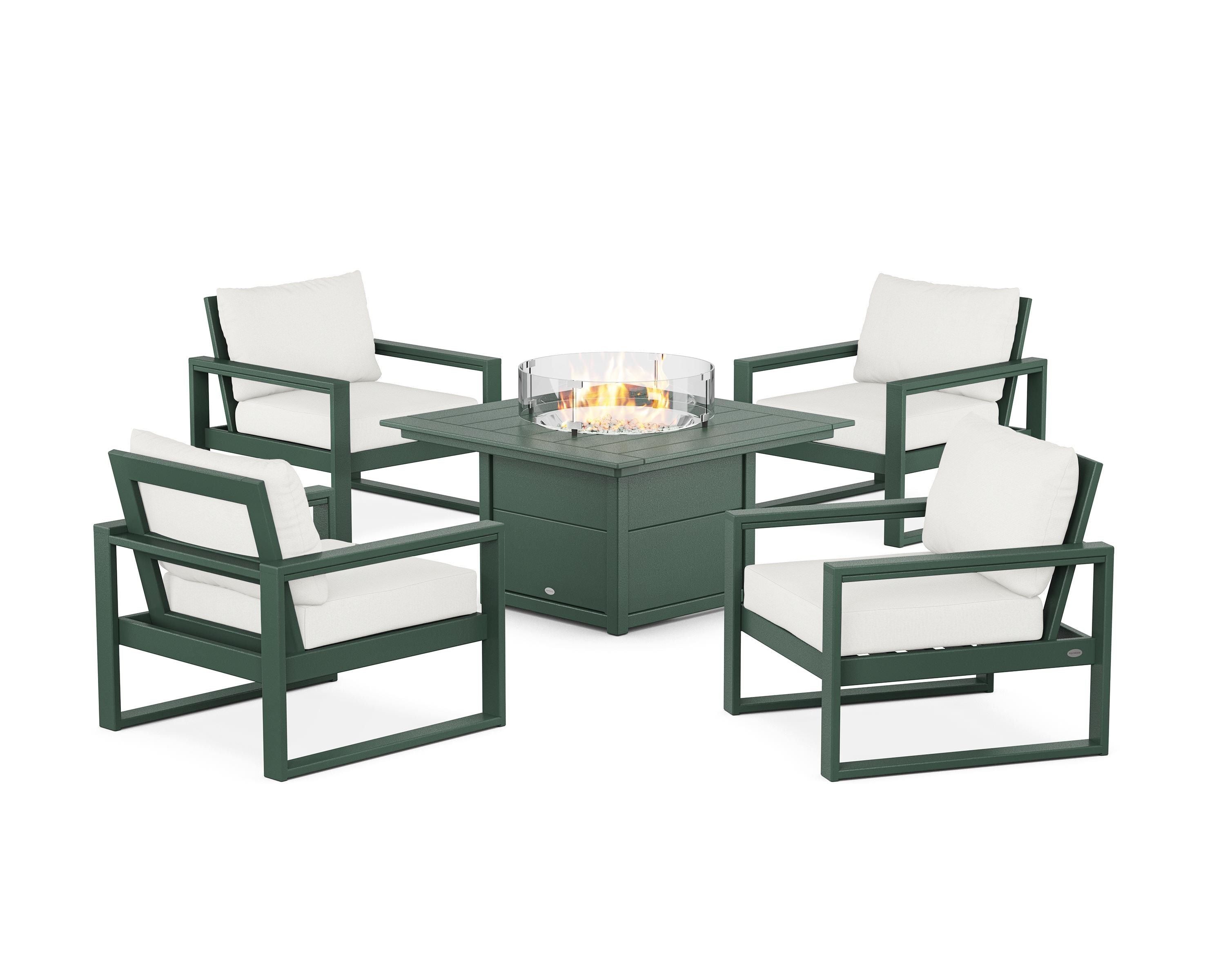 POLYWOOD EDGE Sectional 5-Piece Deep Seating Set with Fire Pit Table in Green / Natural Linen