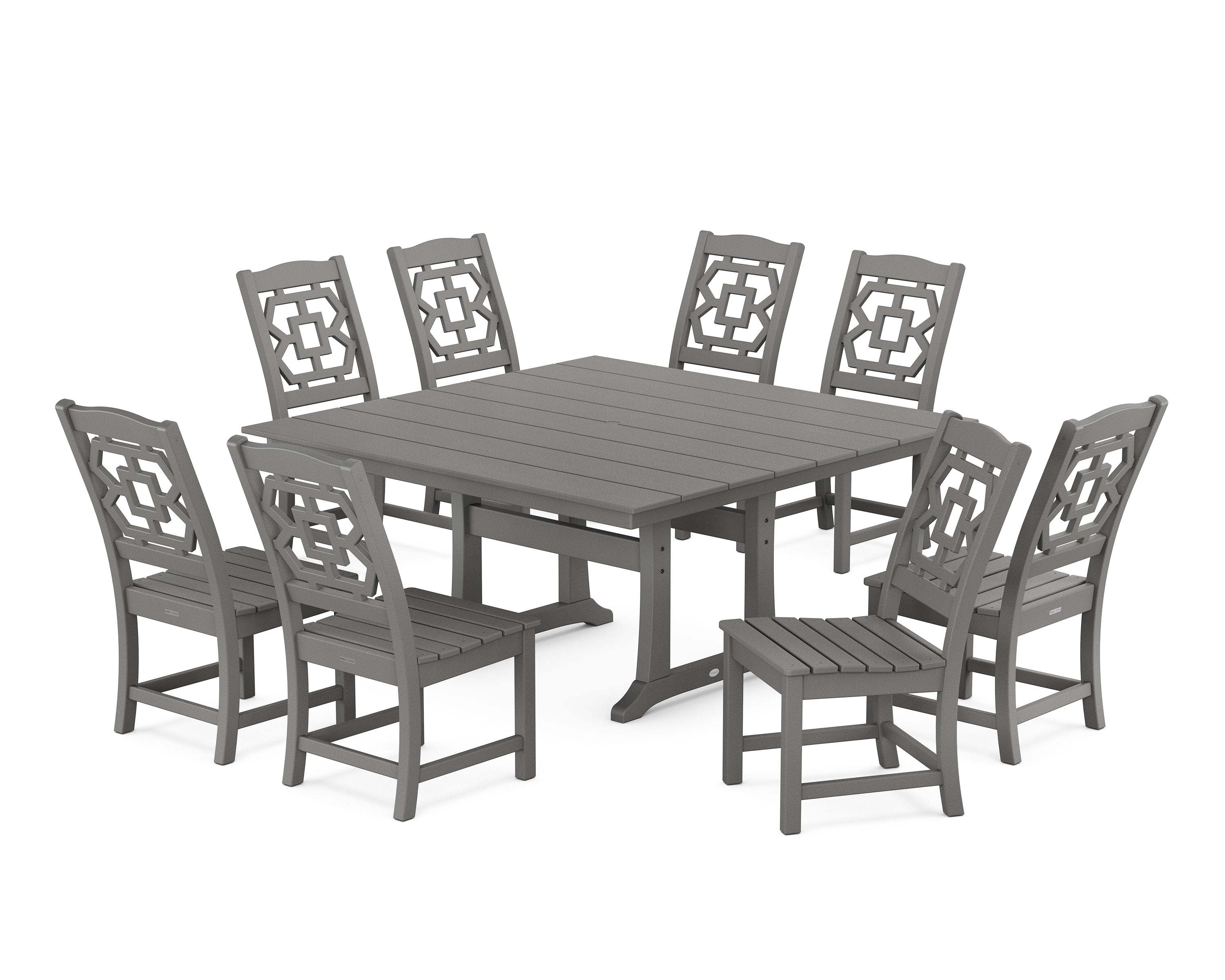 Martha Stewart by POLYWOOD® Chinoiserie 9-Piece Square Farmhouse Side Chair Dining Set with Trestle Legs in Slate Grey