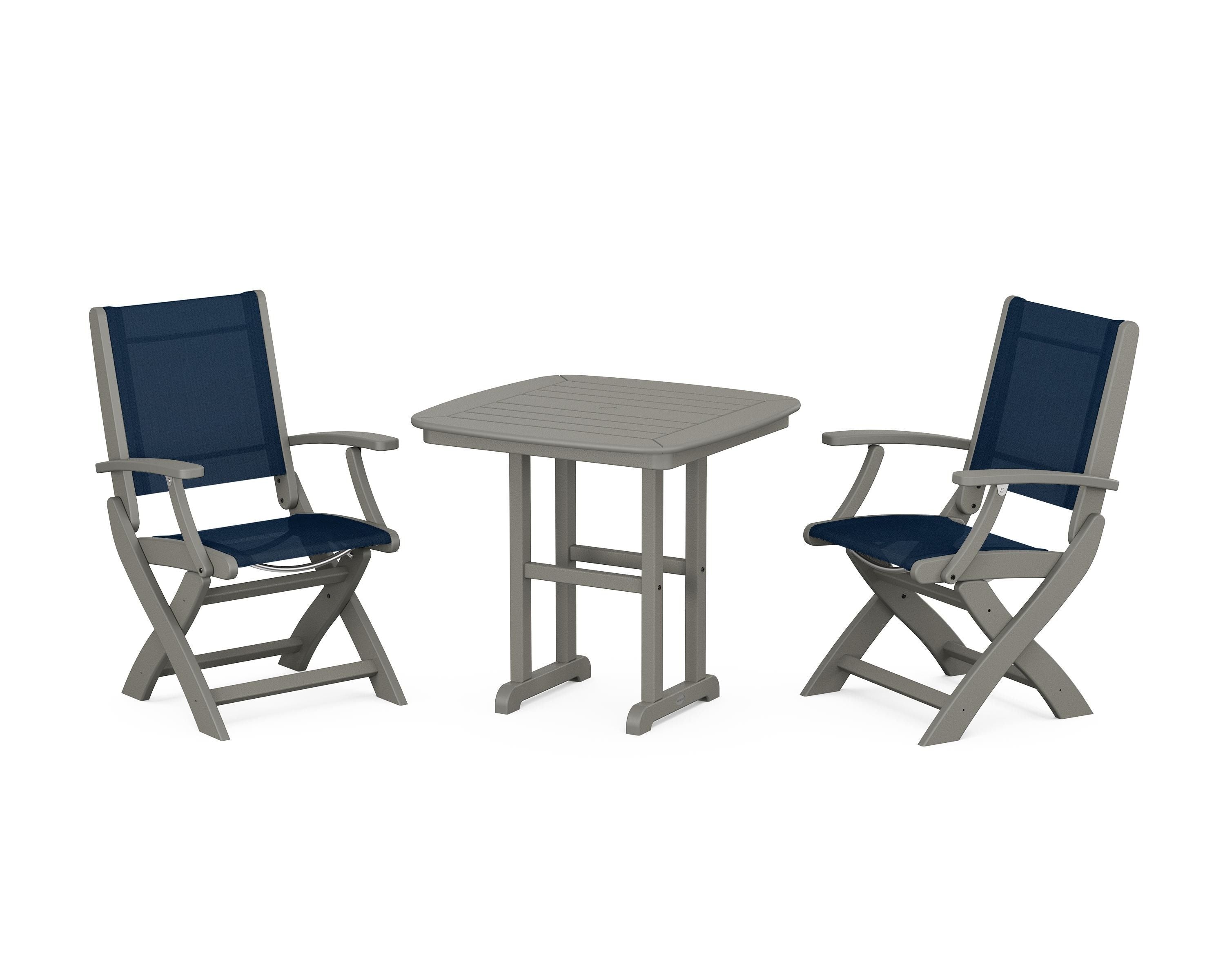 POLYWOOD Coastal Folding Chair 3-Piece Dining Set in Slate Grey / Navy Blue Sling