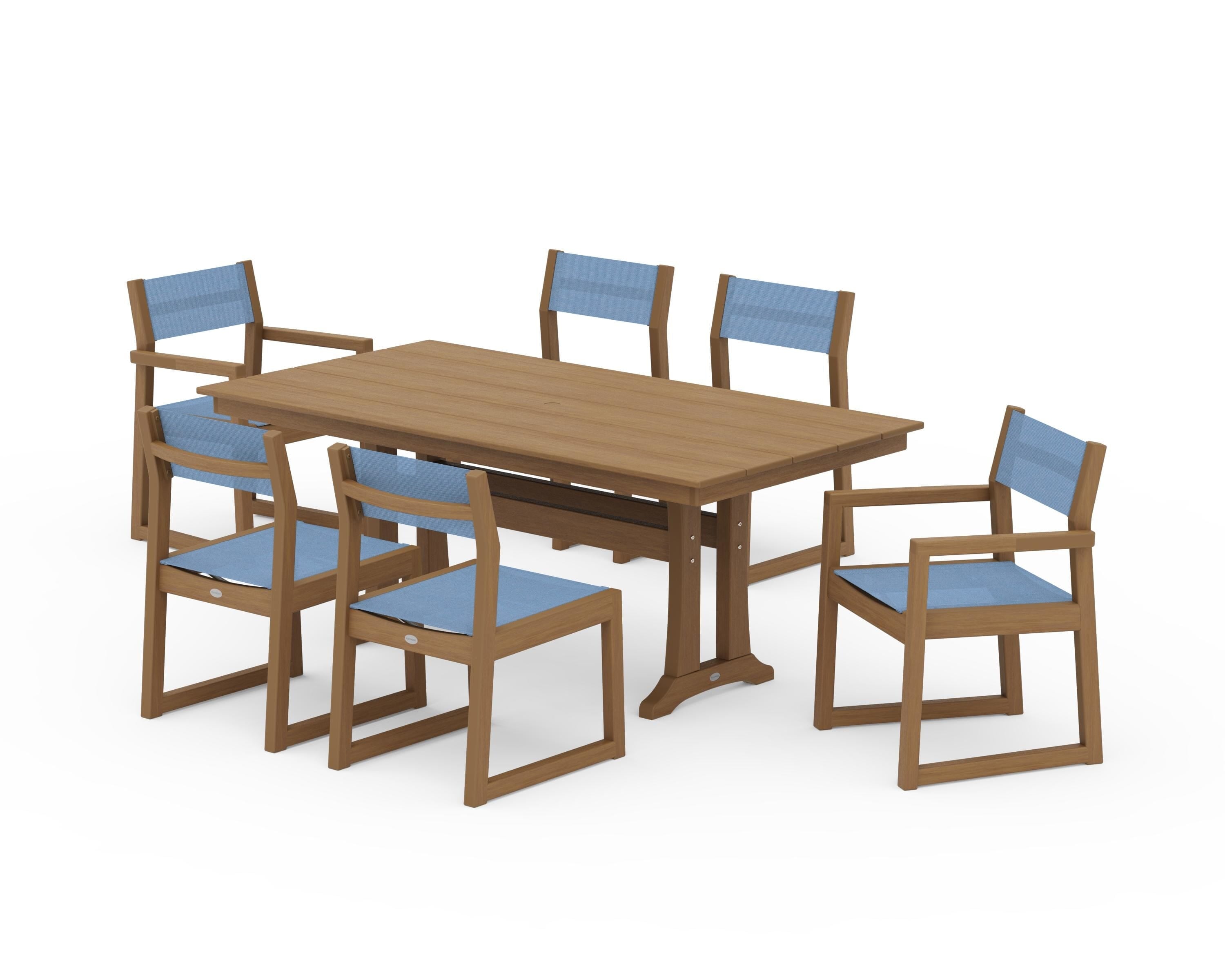 POLYWOOD EDGE Sling 7-Piece Farmhouse Trestle Dining Set in Natural / Poolside Sling