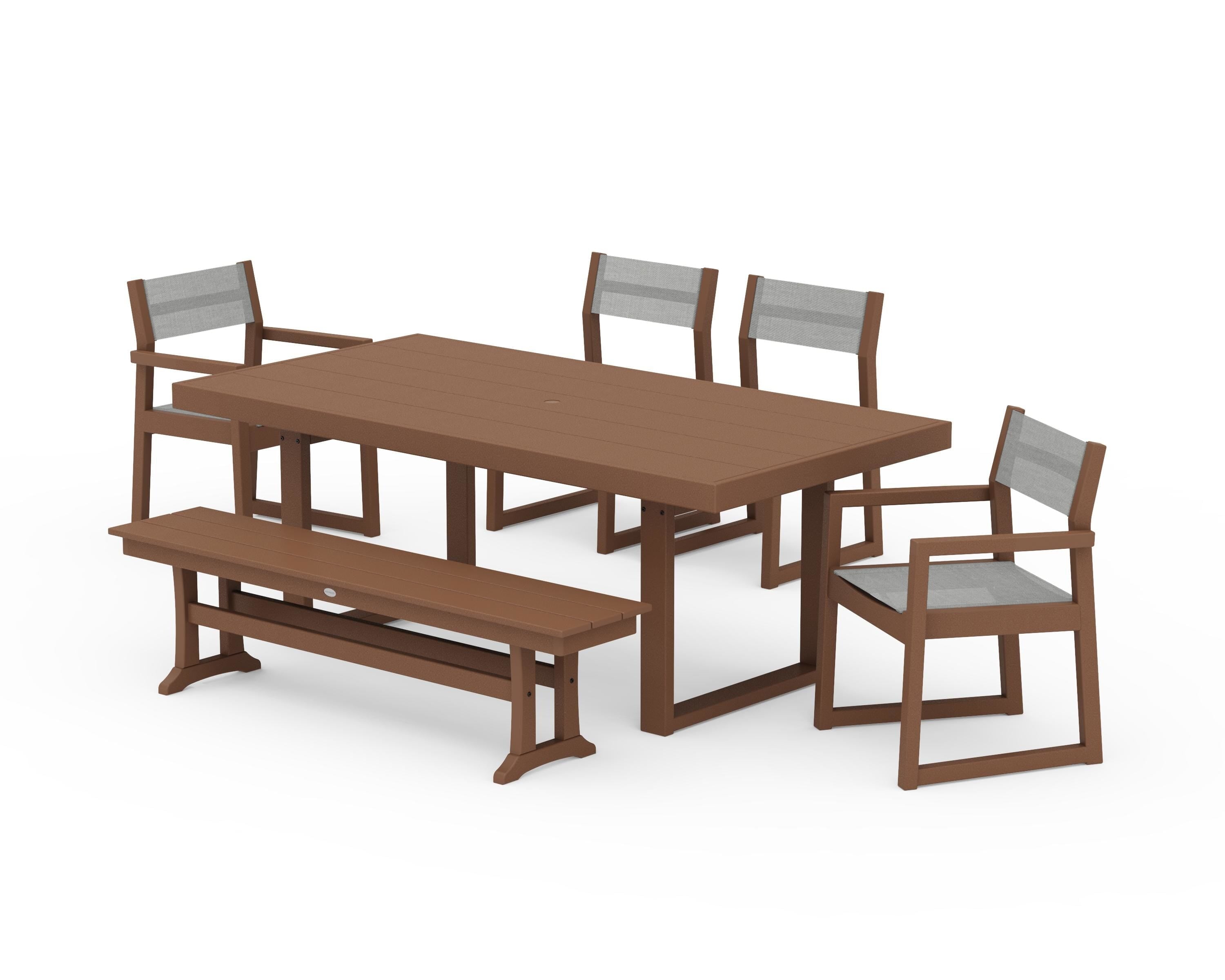POLYWOOD EDGE Sling 6-Piece Dining Set with Bench in Teak / Metallic Sling