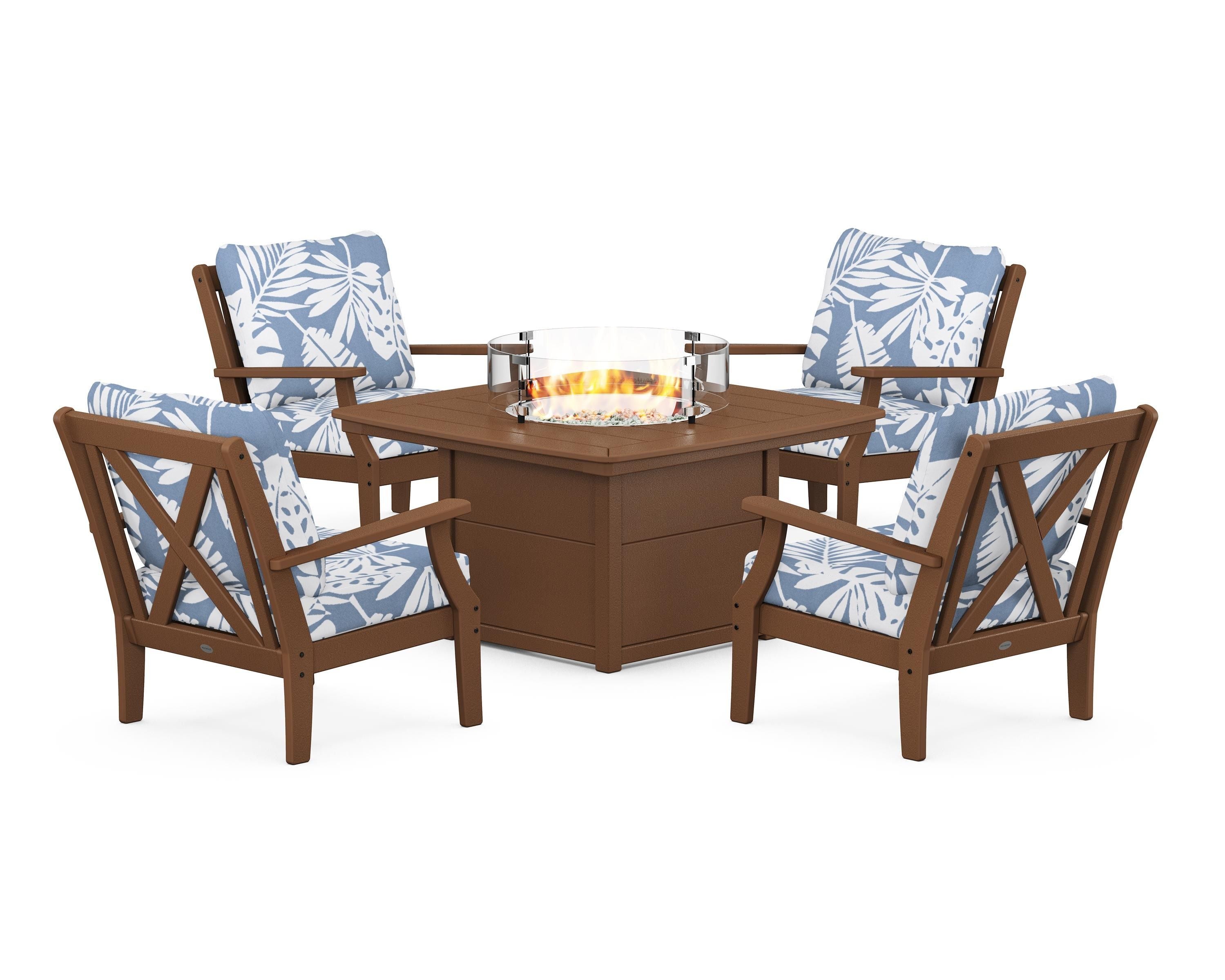POLYWOOD Braxton 5-Piece Deep Seating Conversation Set with Fire Pit Table in Teak / Leaf Sky Blue