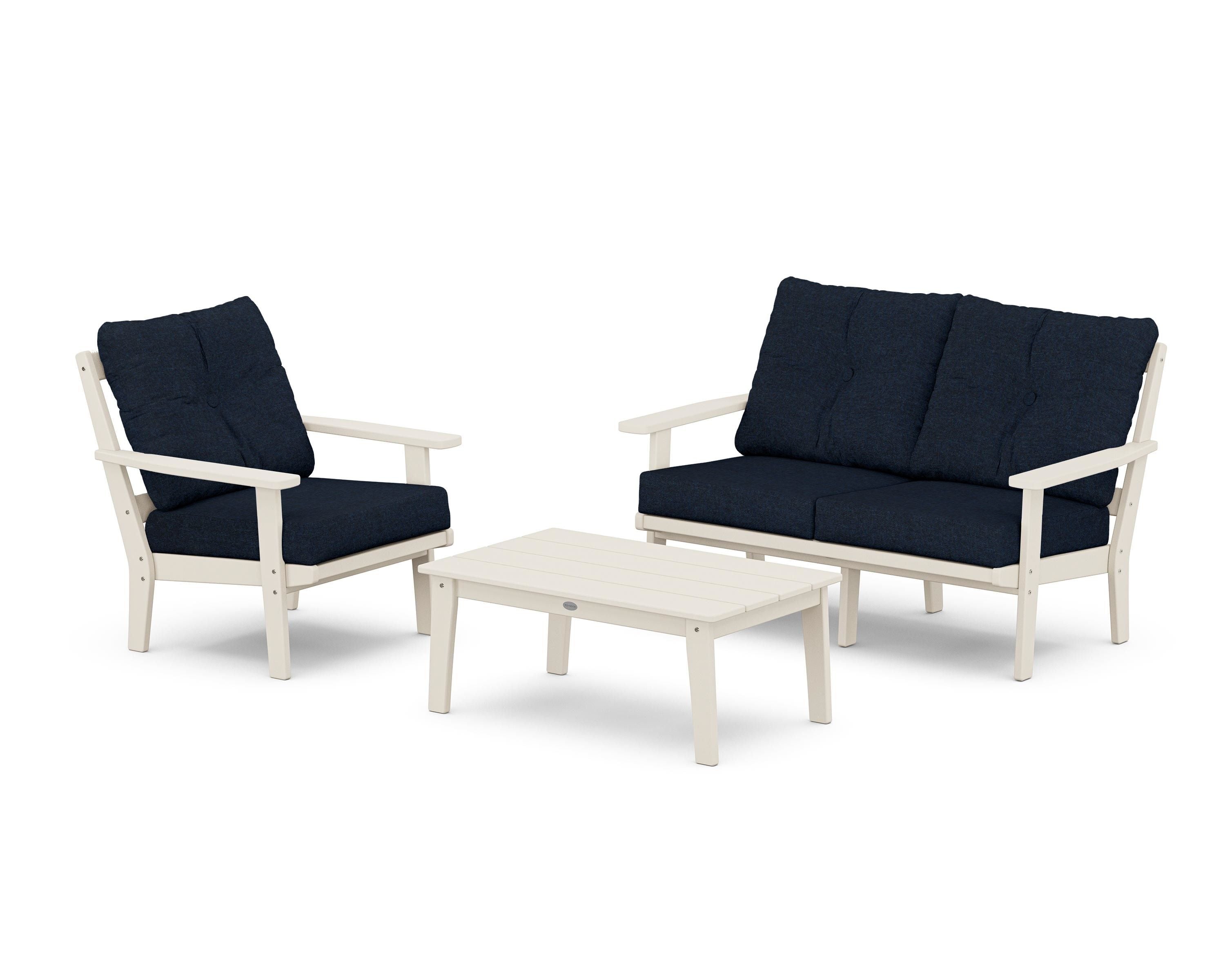 POLYWOOD Oxford 3-Piece Deep Seating Set with Loveseat in Sand / Marine Indigo