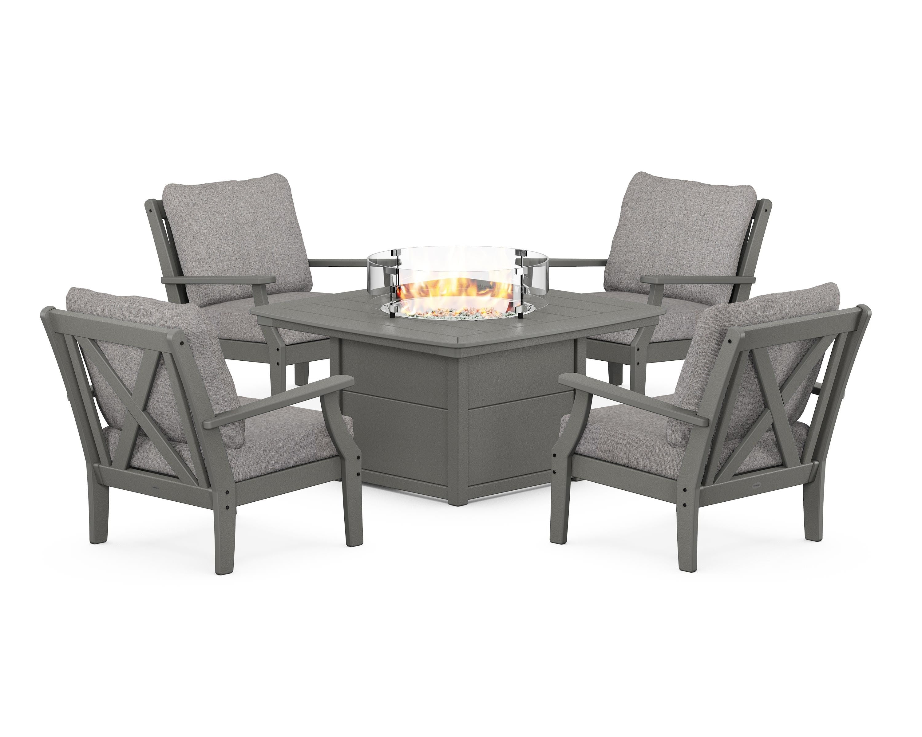 POLYWOOD Braxton 5-Piece Deep Seating Conversation Set with Fire Pit Table in Slate Grey / Grey Mist