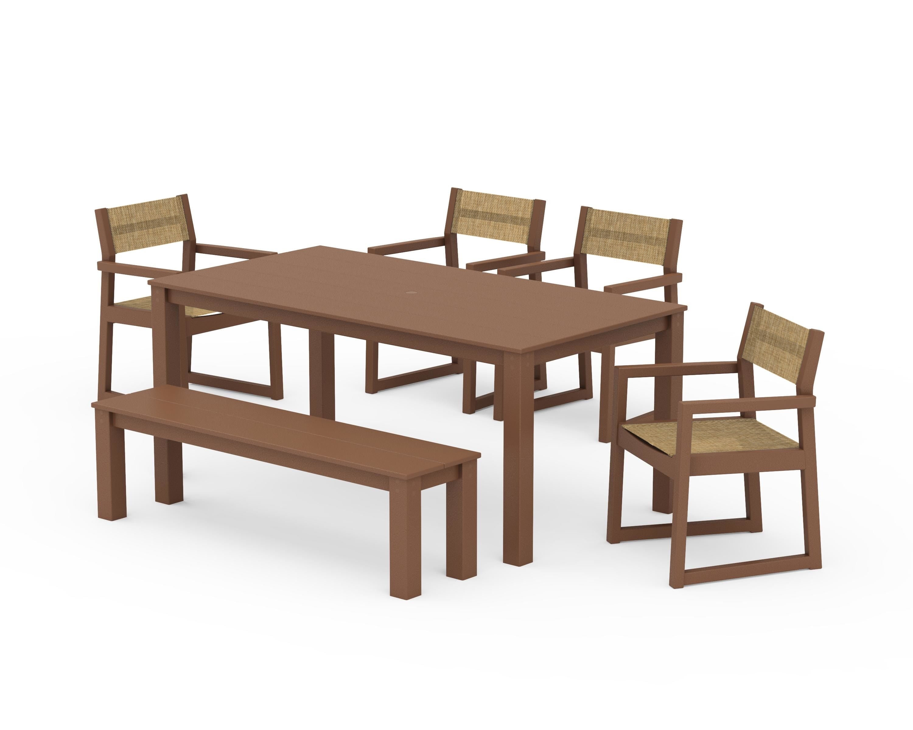 POLYWOOD EDGE Sling Arm Chair 6-Piece Parsons Dining Set with Bench in Teak / Burlap Sling