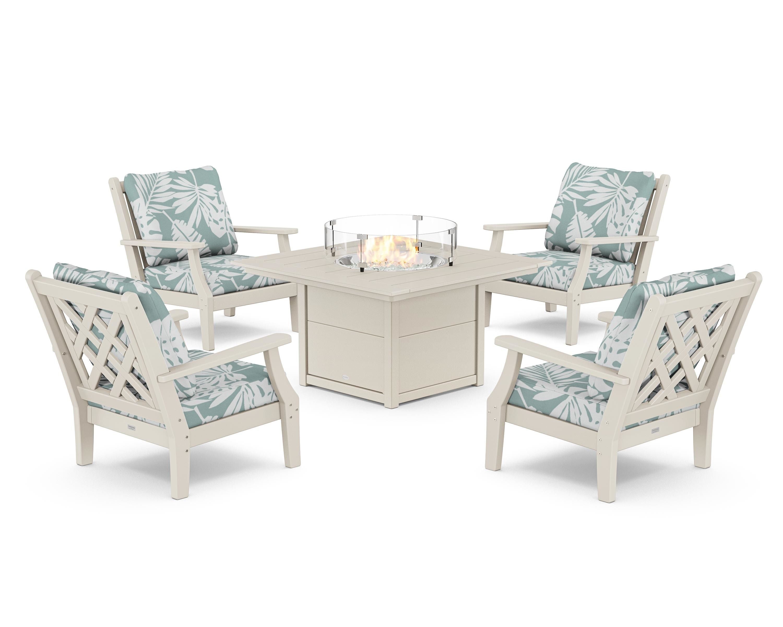 Country Living Wovendale 5-Piece Deep Seating Set with Fire Pit Table in Sand / Leaf Glacier Spa