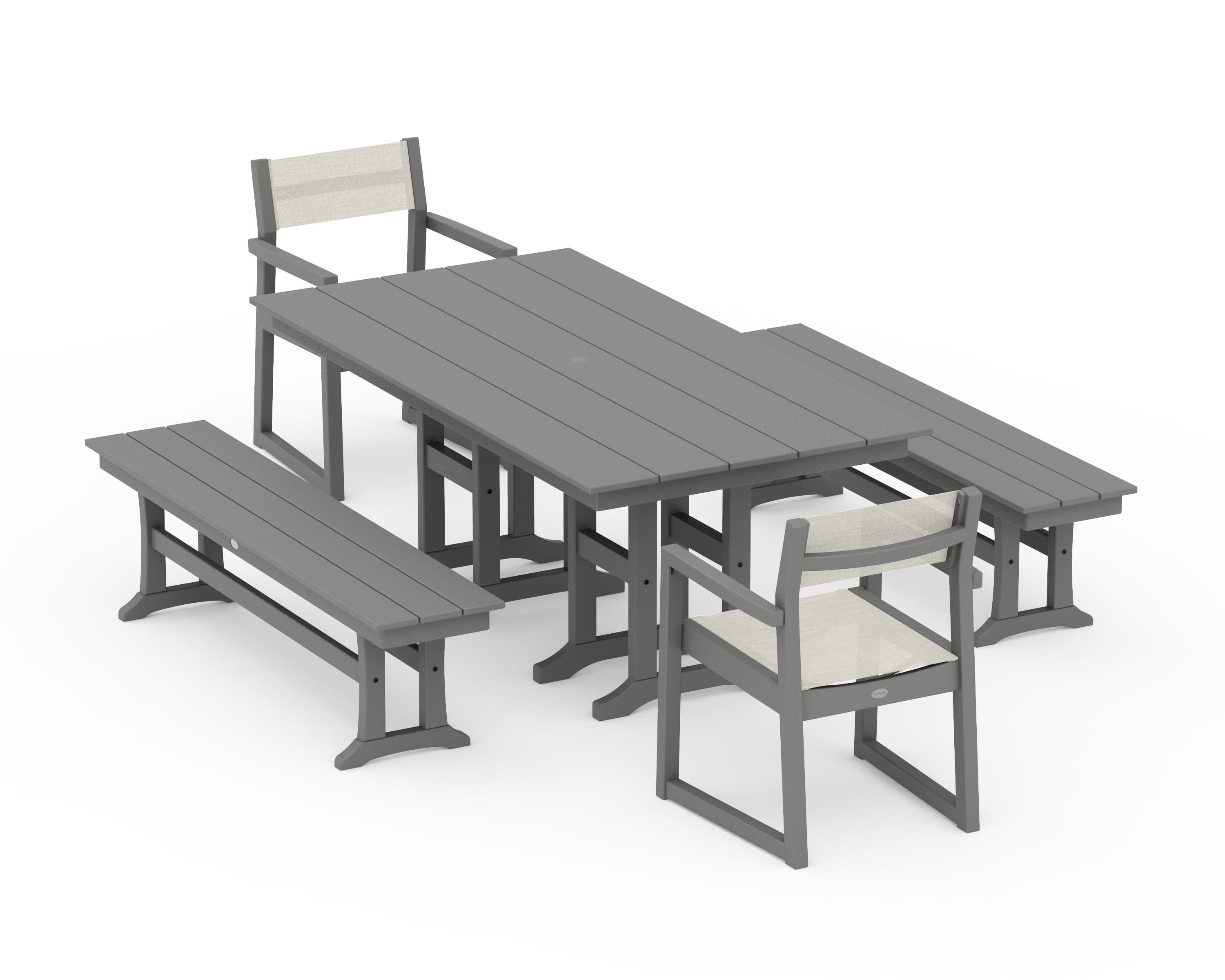 POLYWOOD EDGE Sling Arm Chair 5-Piece Farmhouse Dining Set with Benches in Slate Grey / Parchment Sling