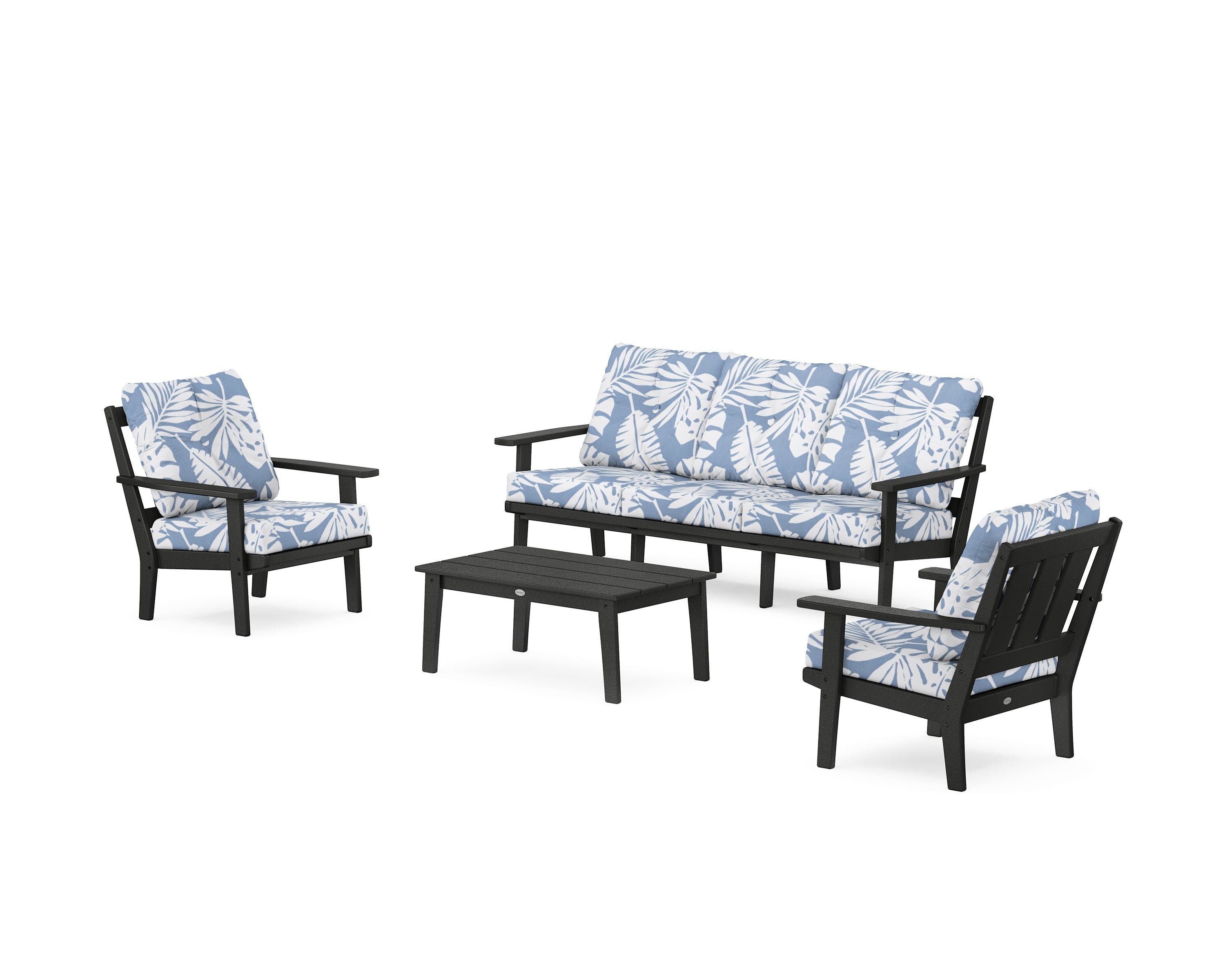 POLYWOOD Oxford 4-Piece Deep Seating Set with Sofa in Black / Leaf Sky Blue