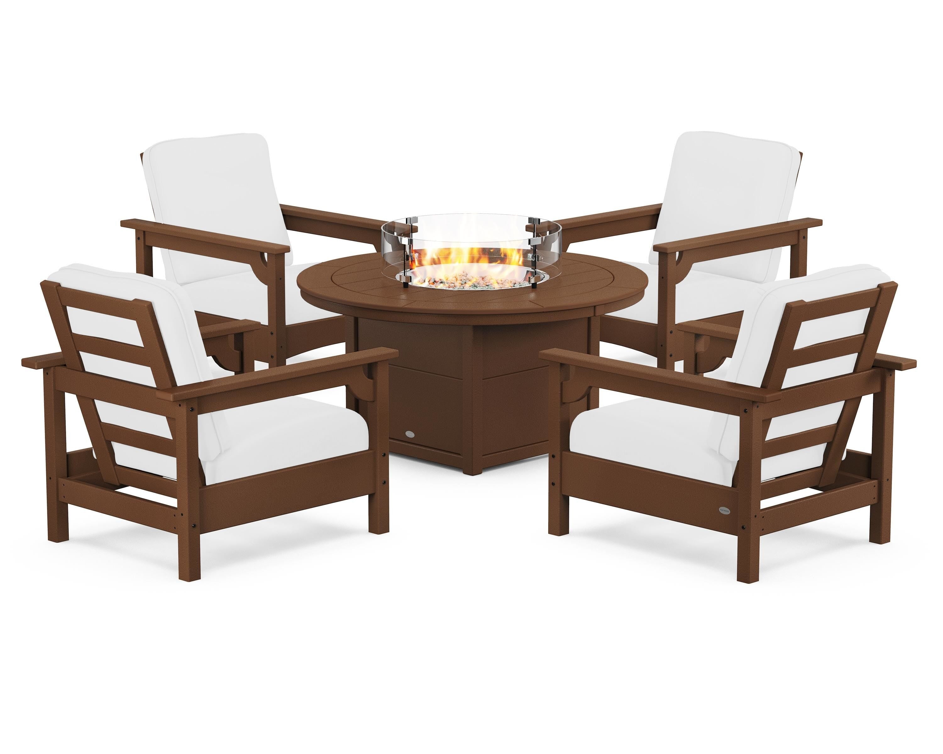 POLYWOOD Club 5-Piece Conversation Set with Fire Pit Table in Teak / Natural