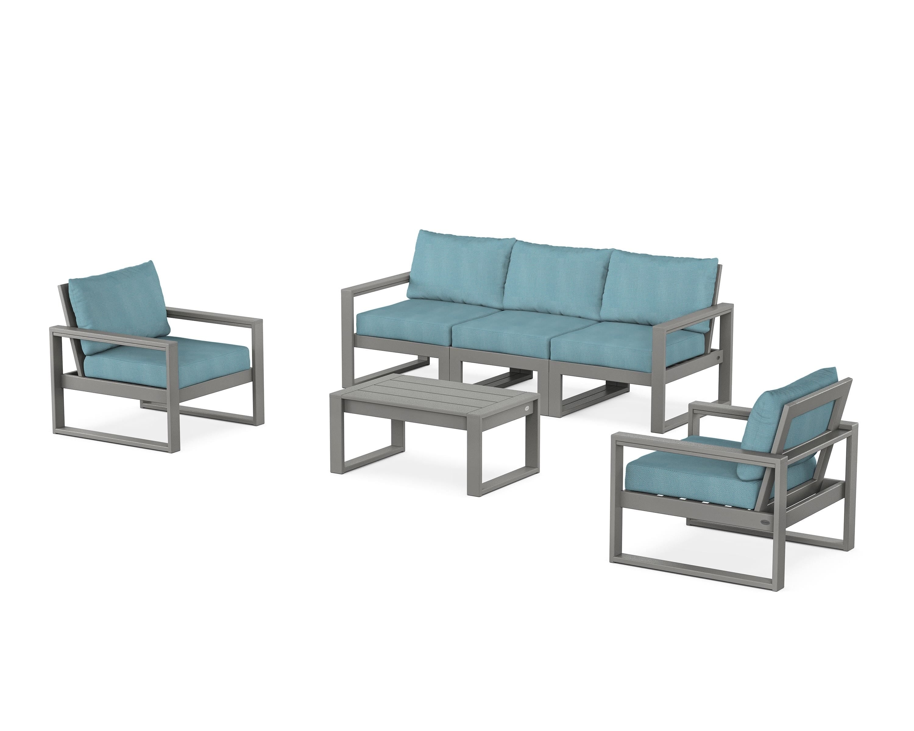 POLYWOOD EDGE Sectional 4-Piece Deep Seating Set with Sofa in Slate Grey / Lattice Sky Blue