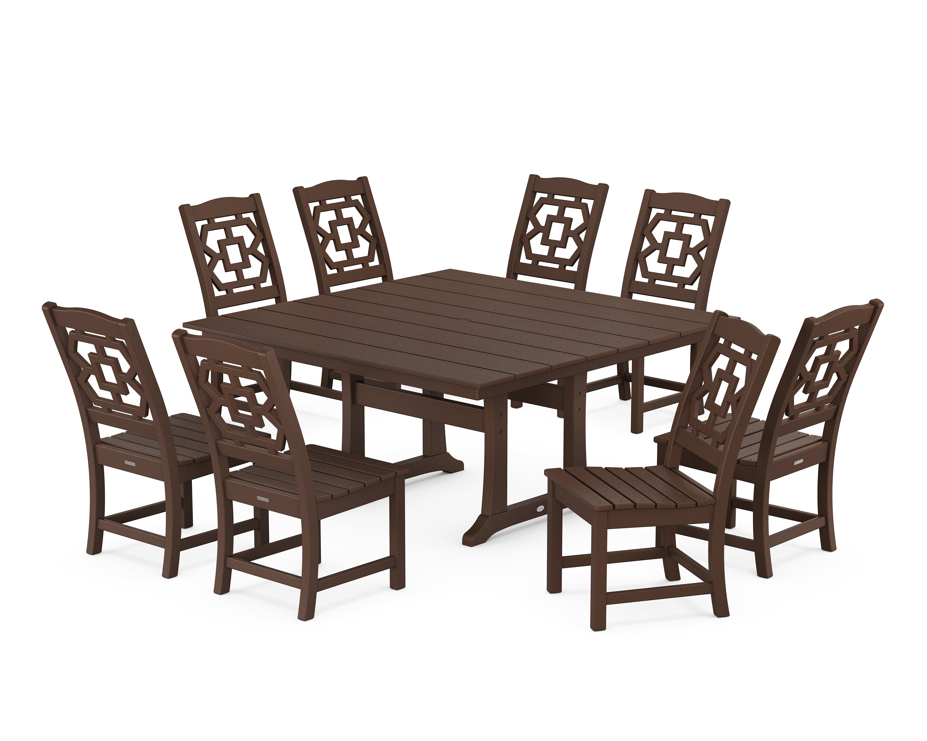 Martha Stewart by POLYWOOD® Chinoiserie 9-Piece Square Farmhouse Side Chair Dining Set with Trestle Legs in Mahogany