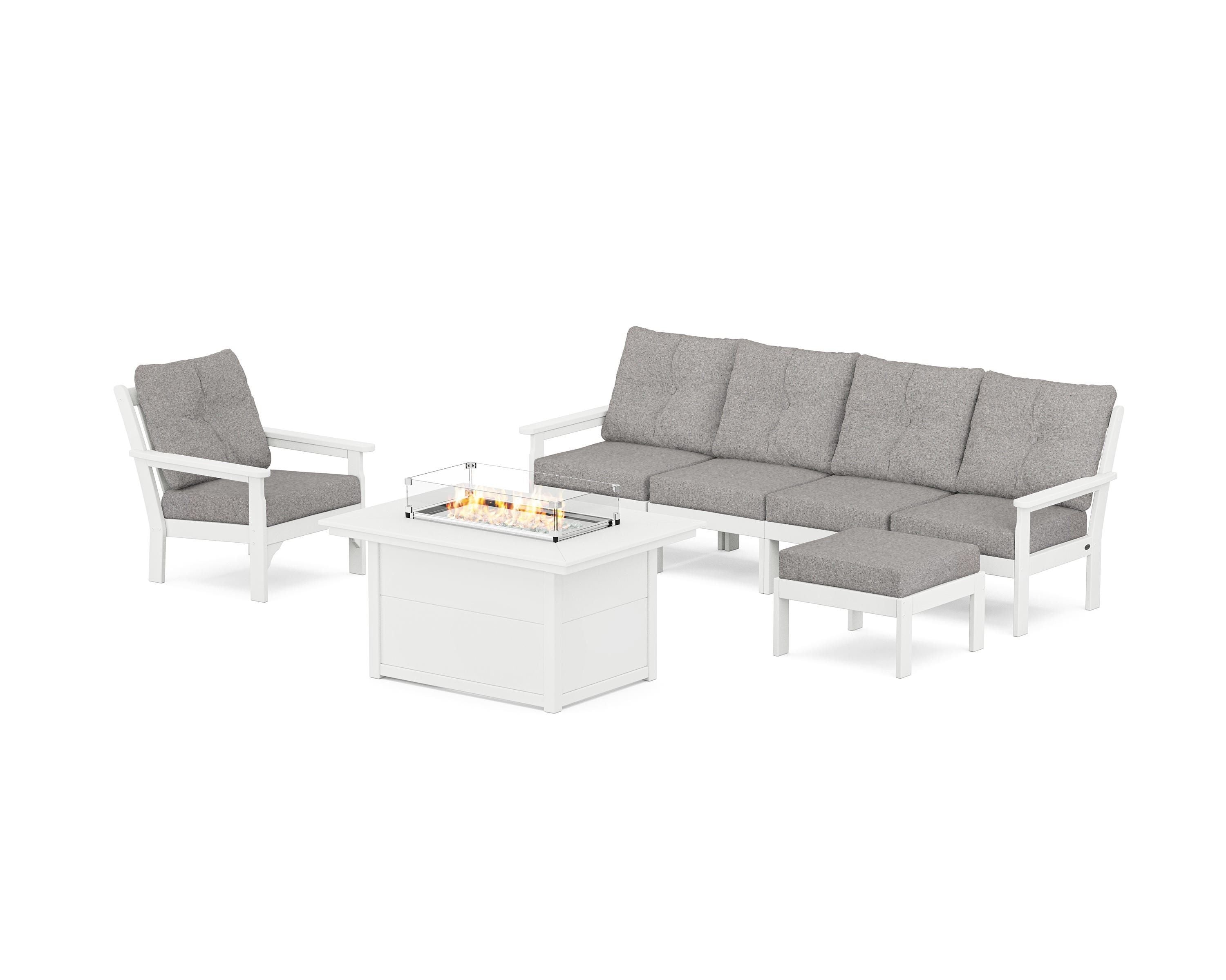 POLYWOOD Vineyard Sectional Lounge and Fire Pit Set in White / Grey Mist