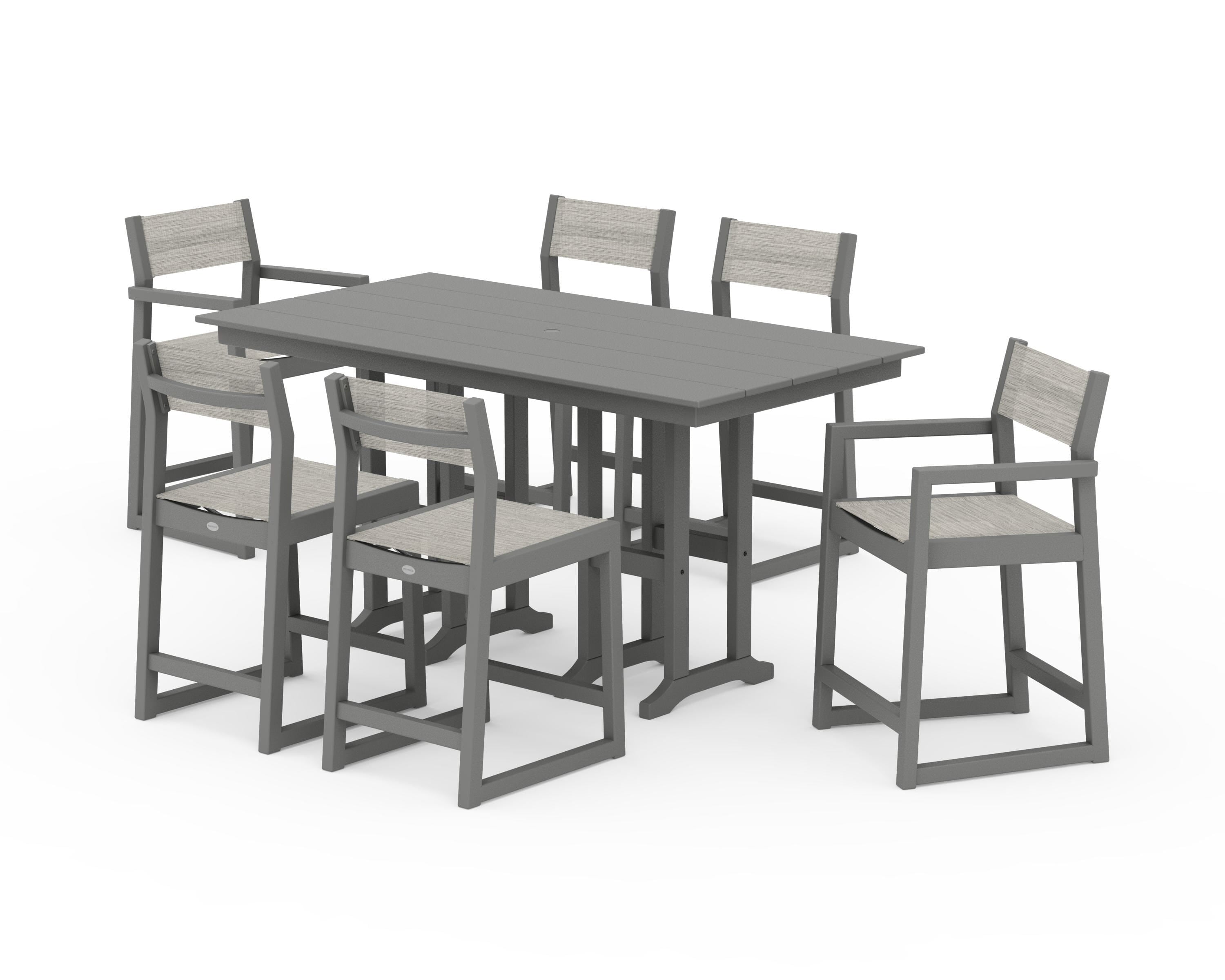 POLYWOOD EDGE Sling 7-Piece Farmhouse Counter Set in Slate Grey / Birch Sling