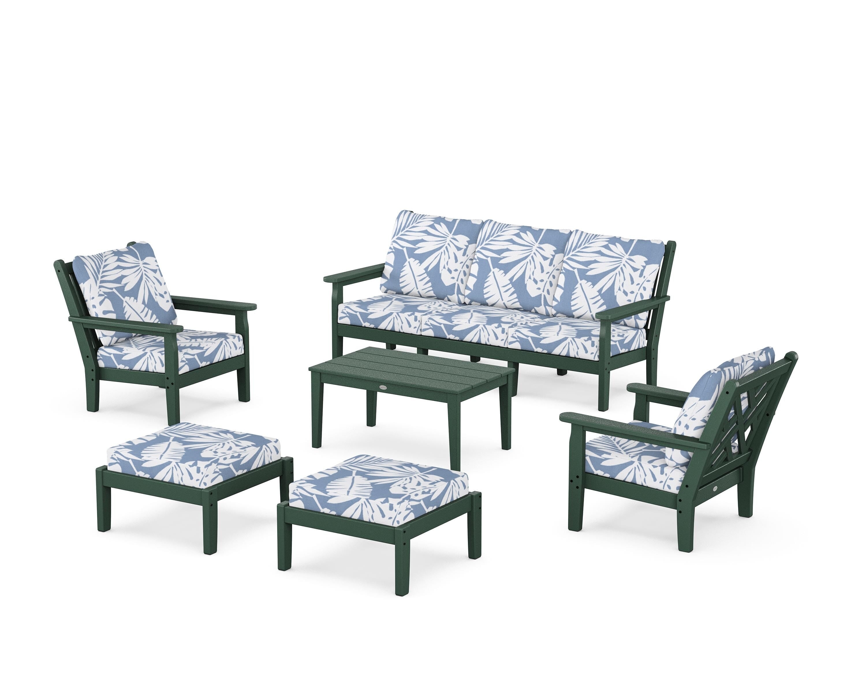 POLYWOOD Chippendale 6-Piece Lounge Sofa Set in Green / Leaf Sky Blue