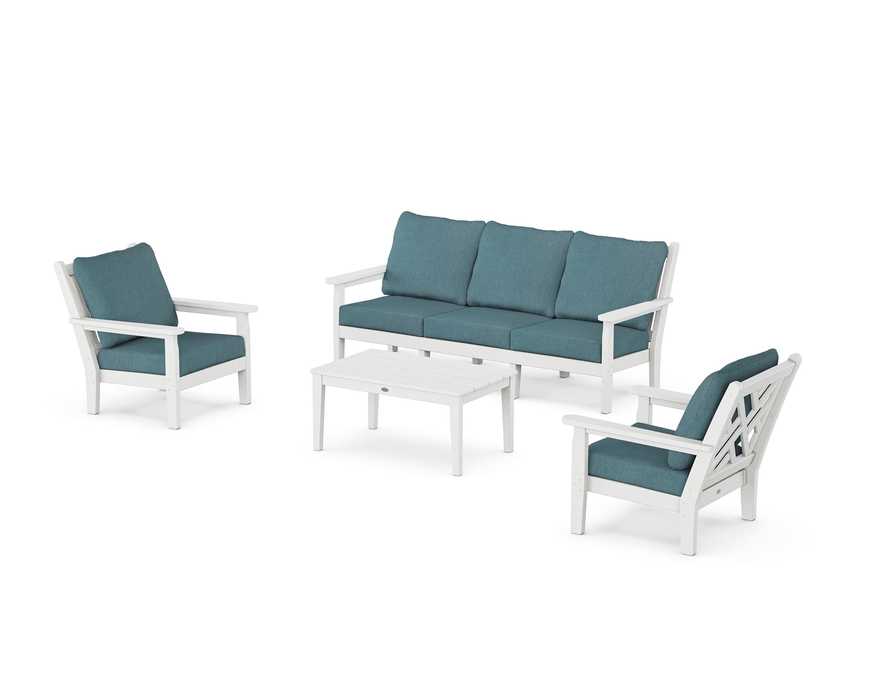 POLYWOOD Chippendale 4-Piece Deep Seating Set with Sofa in White / Ocean Teal