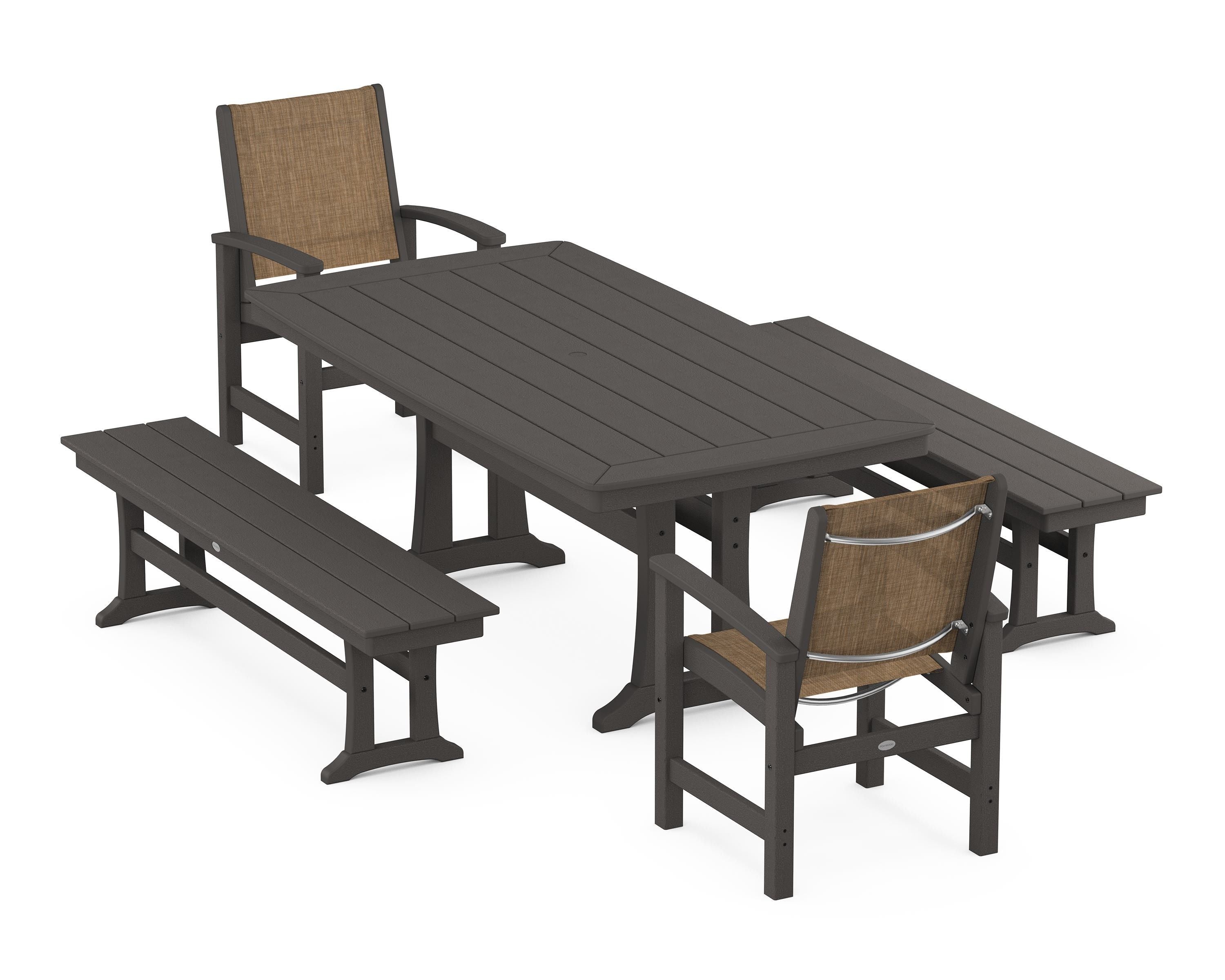 POLYWOOD Coastal 5-Piece Dining Set with Trestle Legs and Benches in Vintage Coffee / Burlap Sling
