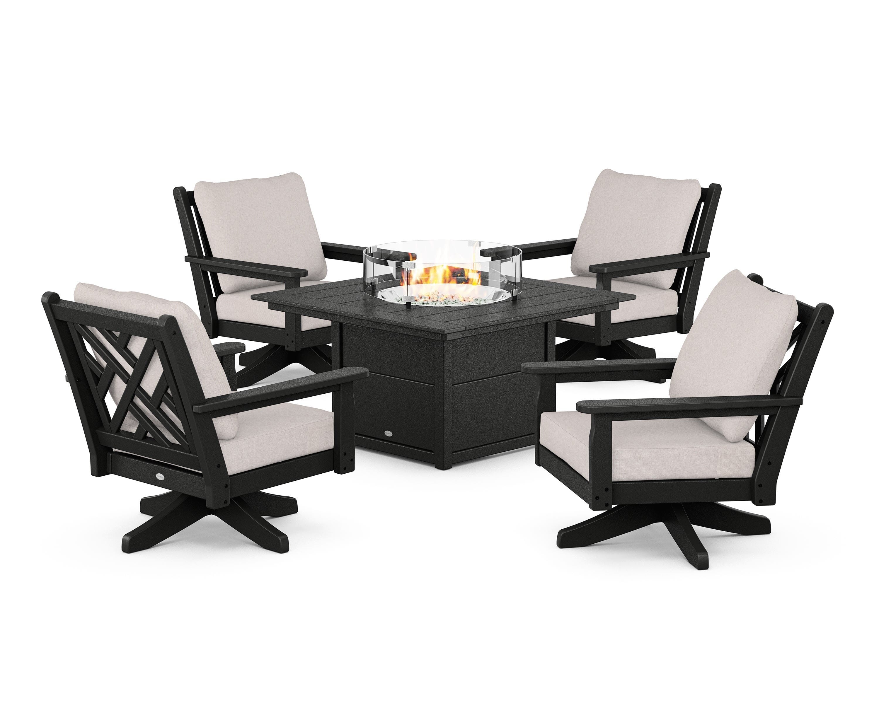POLYWOOD Chippendale 5-Piece Deep Seating Swivel Conversation Set with Fire Pit Table in Black / Dune Burlap