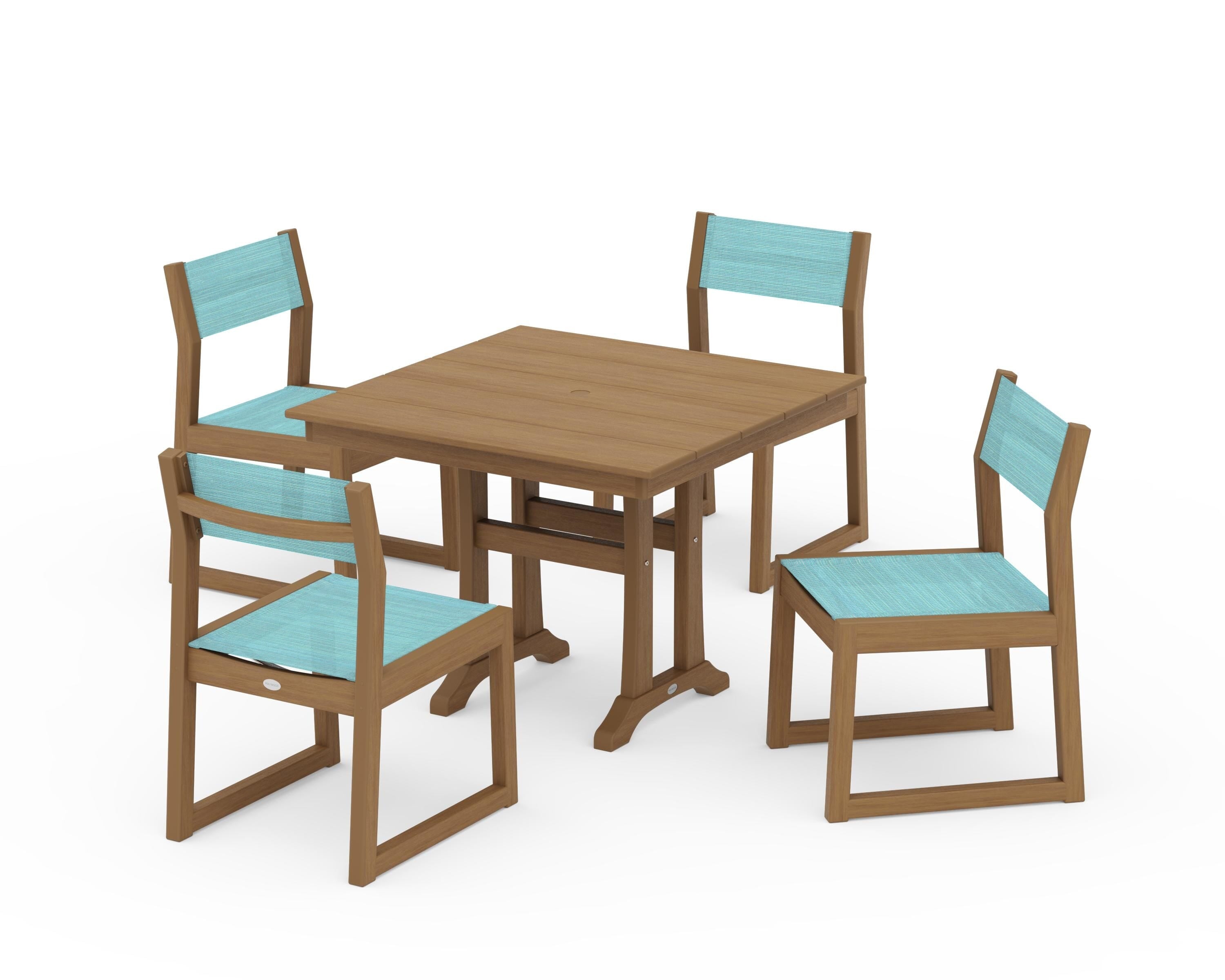 POLYWOOD EDGE Sling 5-Piece Farmhouse Trestle Side Chair Dining Set in Natural / Dupioni Aquamarine Sling