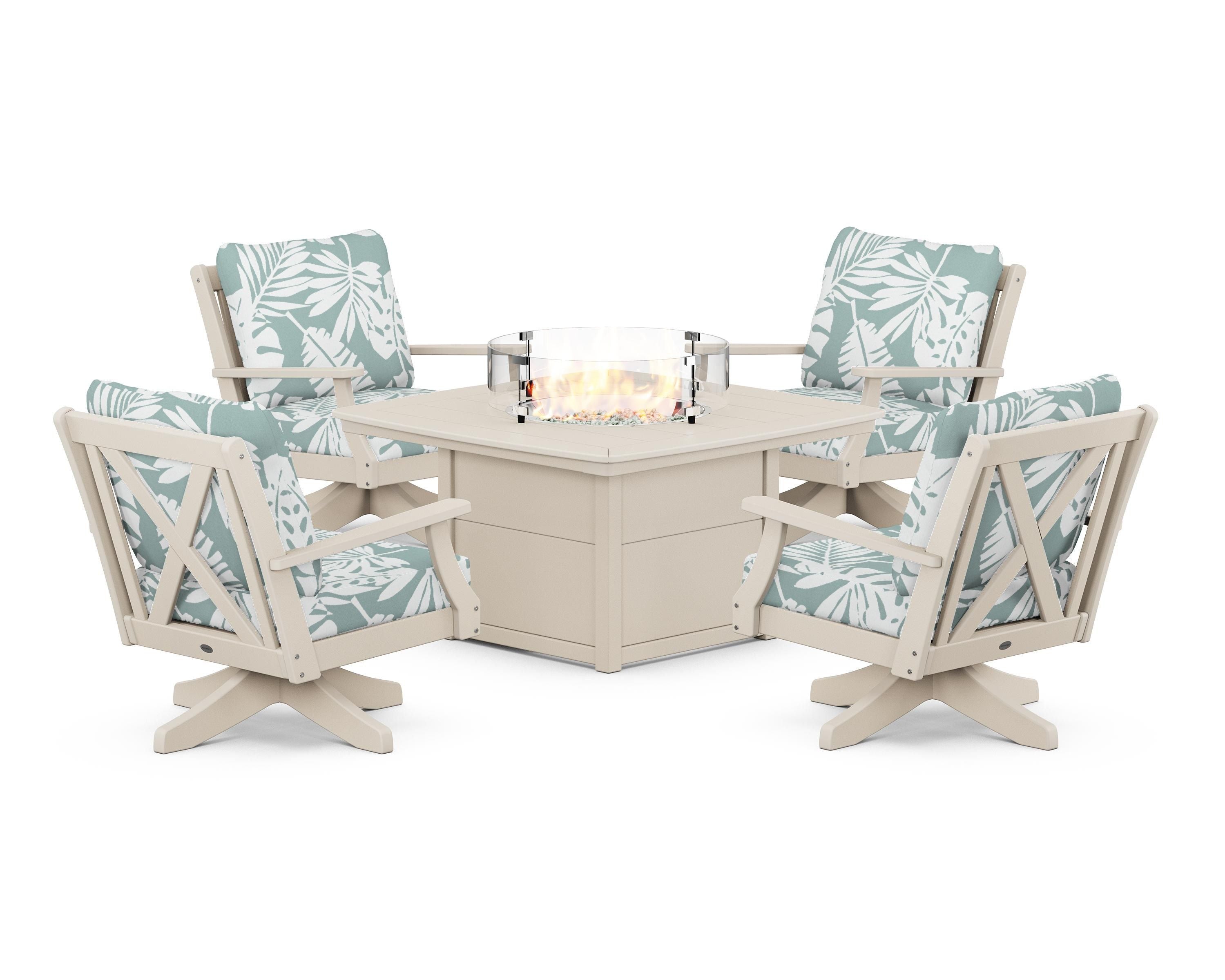 POLYWOOD Braxton 5-Piece Deep Seating Swivel Conversation Set with Fire Pit Table in Sand / Leaf Glacier Spa