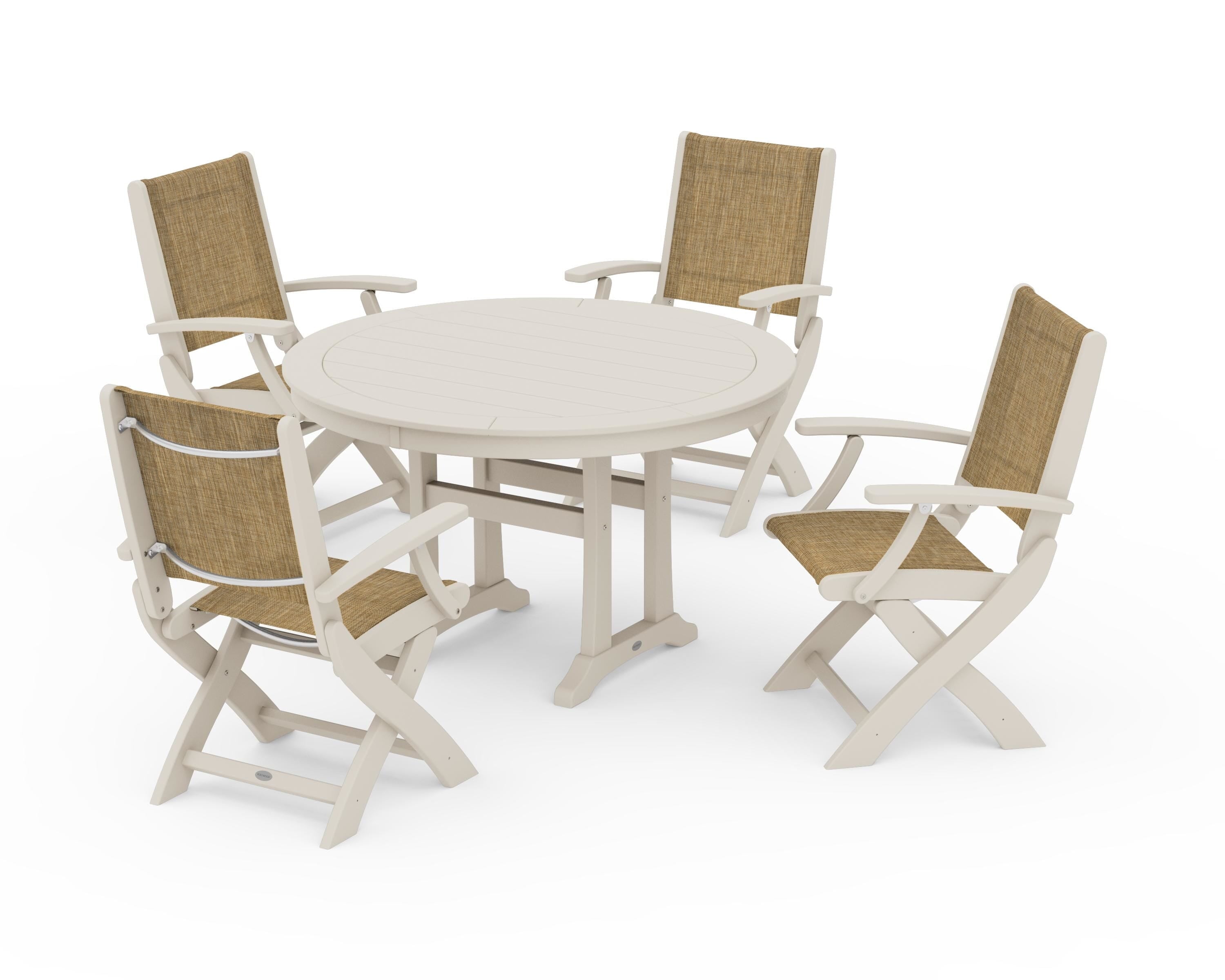 POLYWOOD Coastal Folding Chair 5-Piece Round Dining Set with Trestle Legs in Sand / Burlap Sling