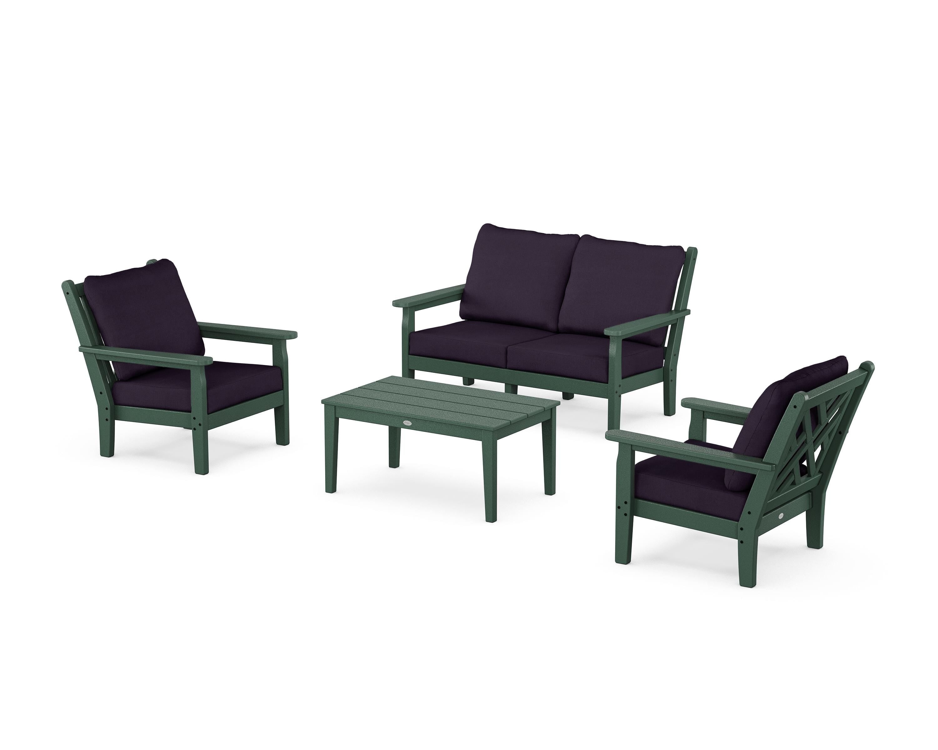 POLYWOOD Chippendale 4-Piece Deep Seating Set with Loveseat in Green / Navy Linen