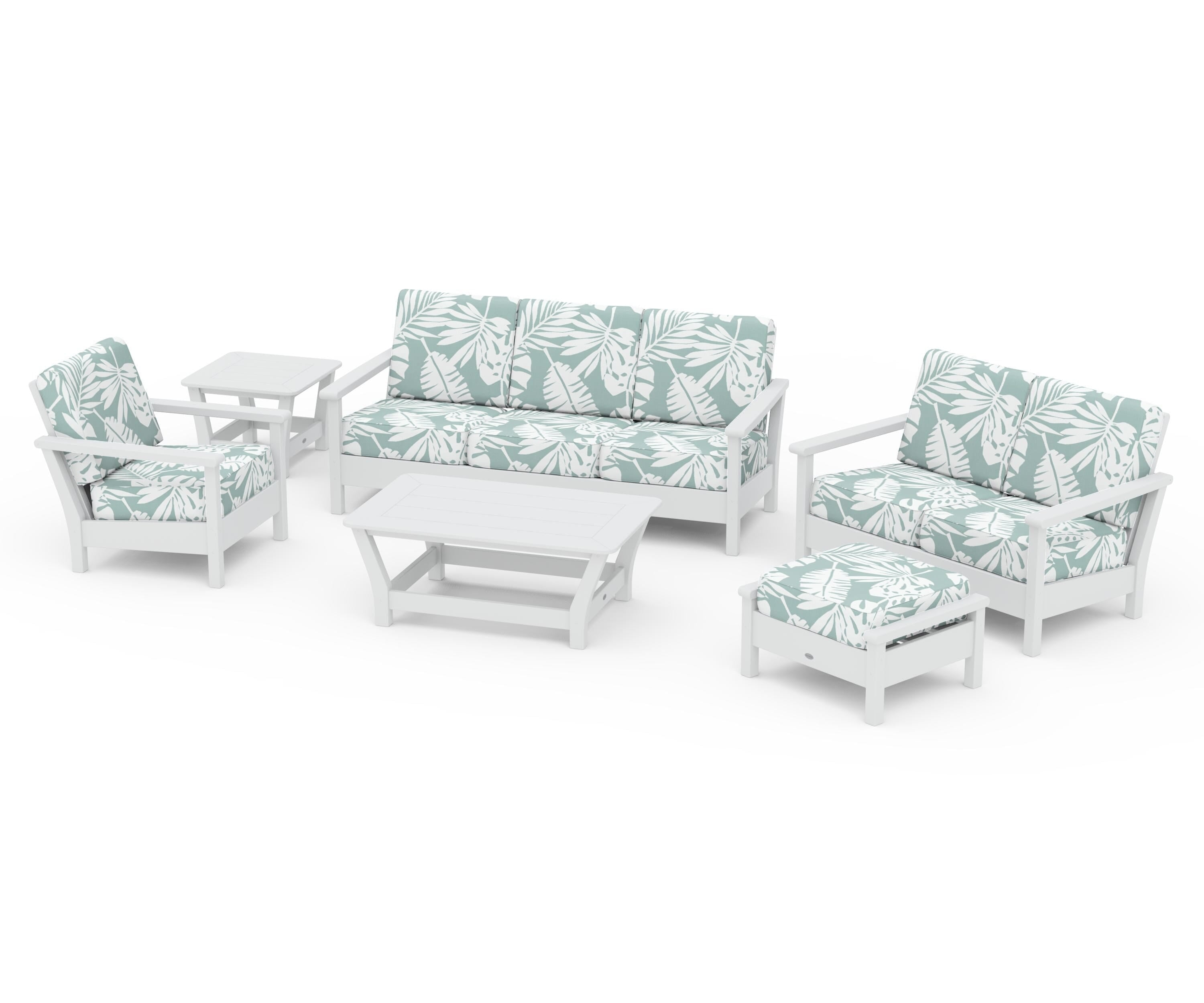POLYWOOD Harbour 6-Piece Outdoor Living Set in White / Leaf Glacier Spa