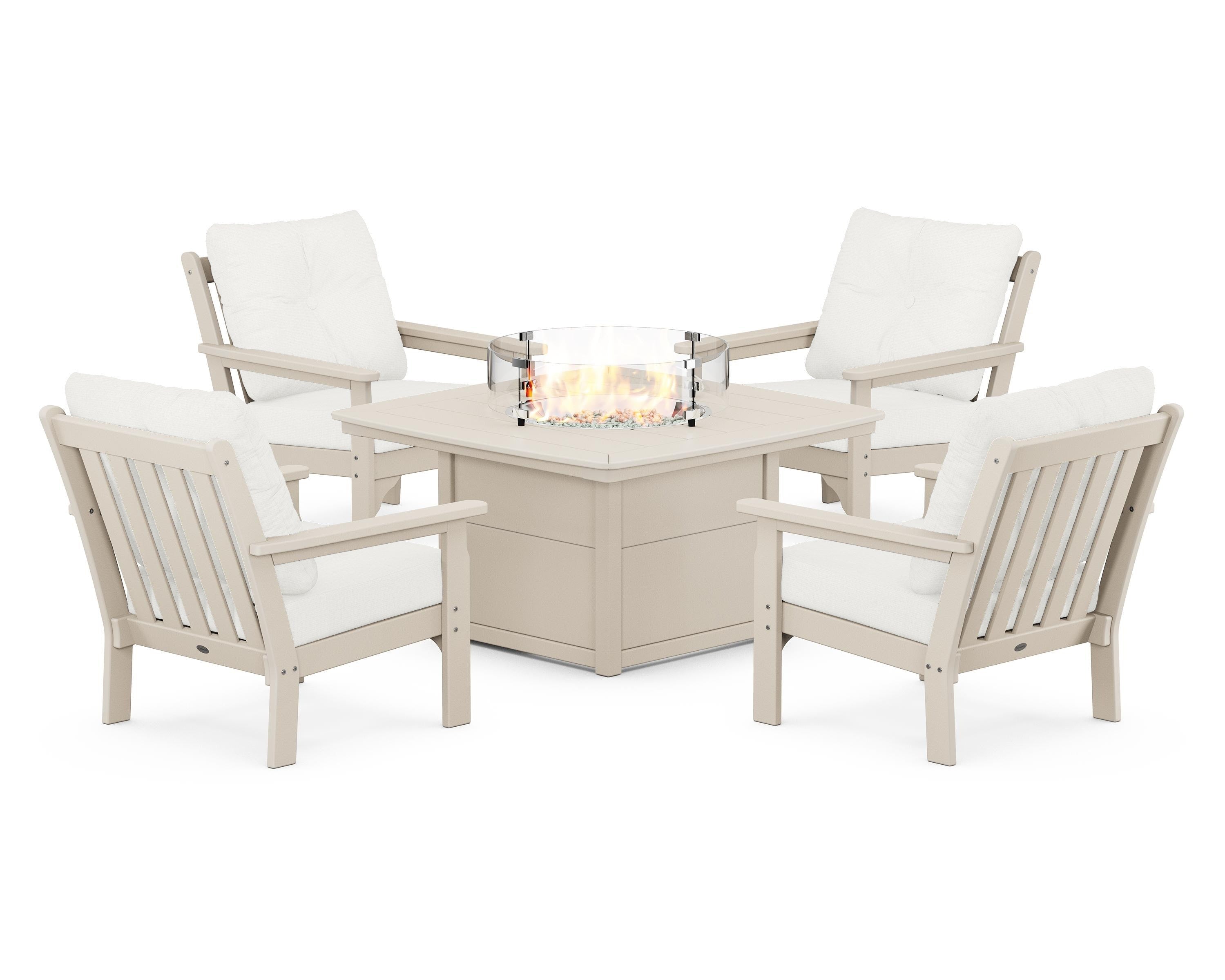 POLYWOOD Vineyard 5-Piece Conversation Set with Fire Pit Table in Sand / Natural Linen