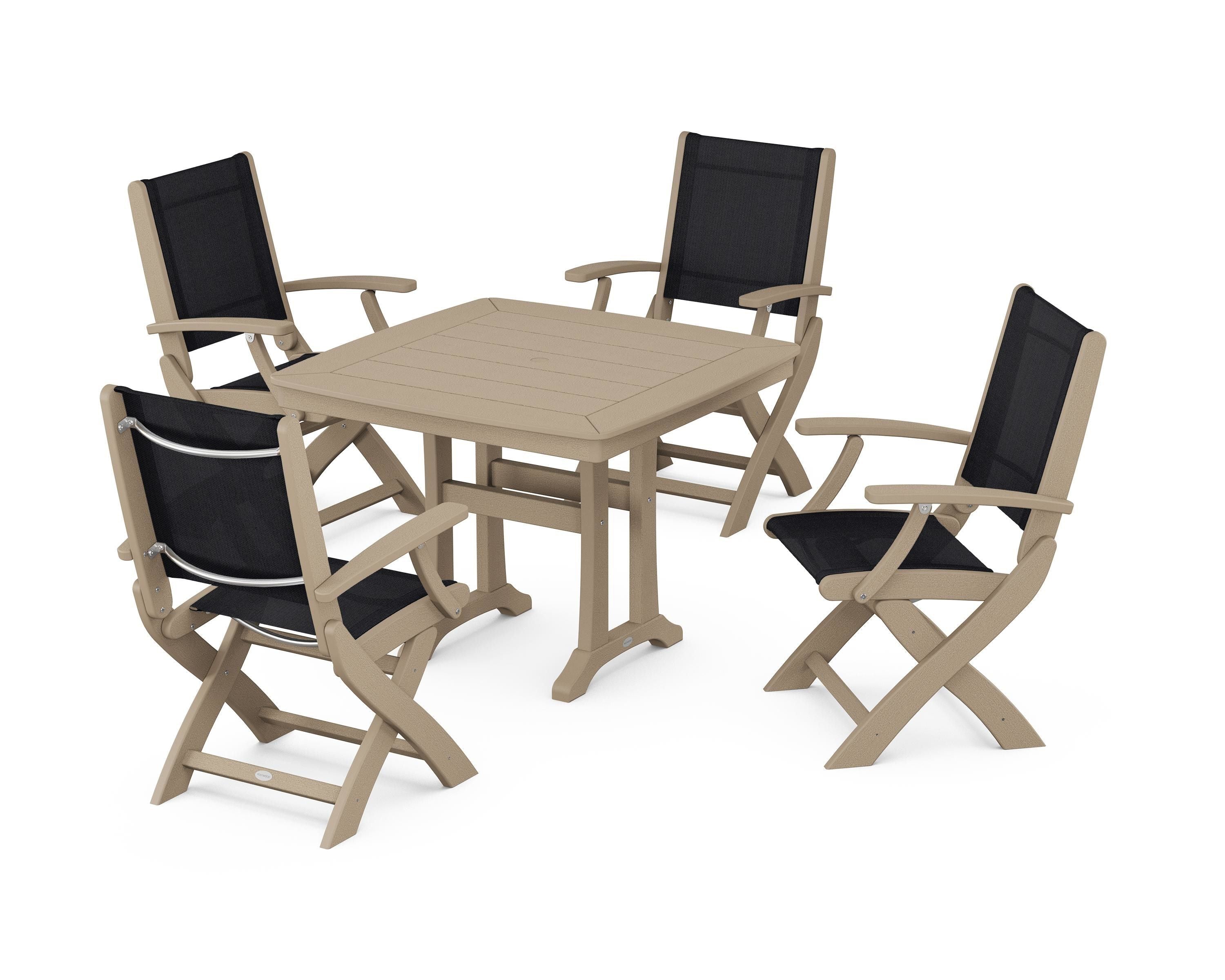 POLYWOOD Coastal Folding Chair 5-Piece Dining Set with Trestle Legs in Vintage Sahara / Black Sling