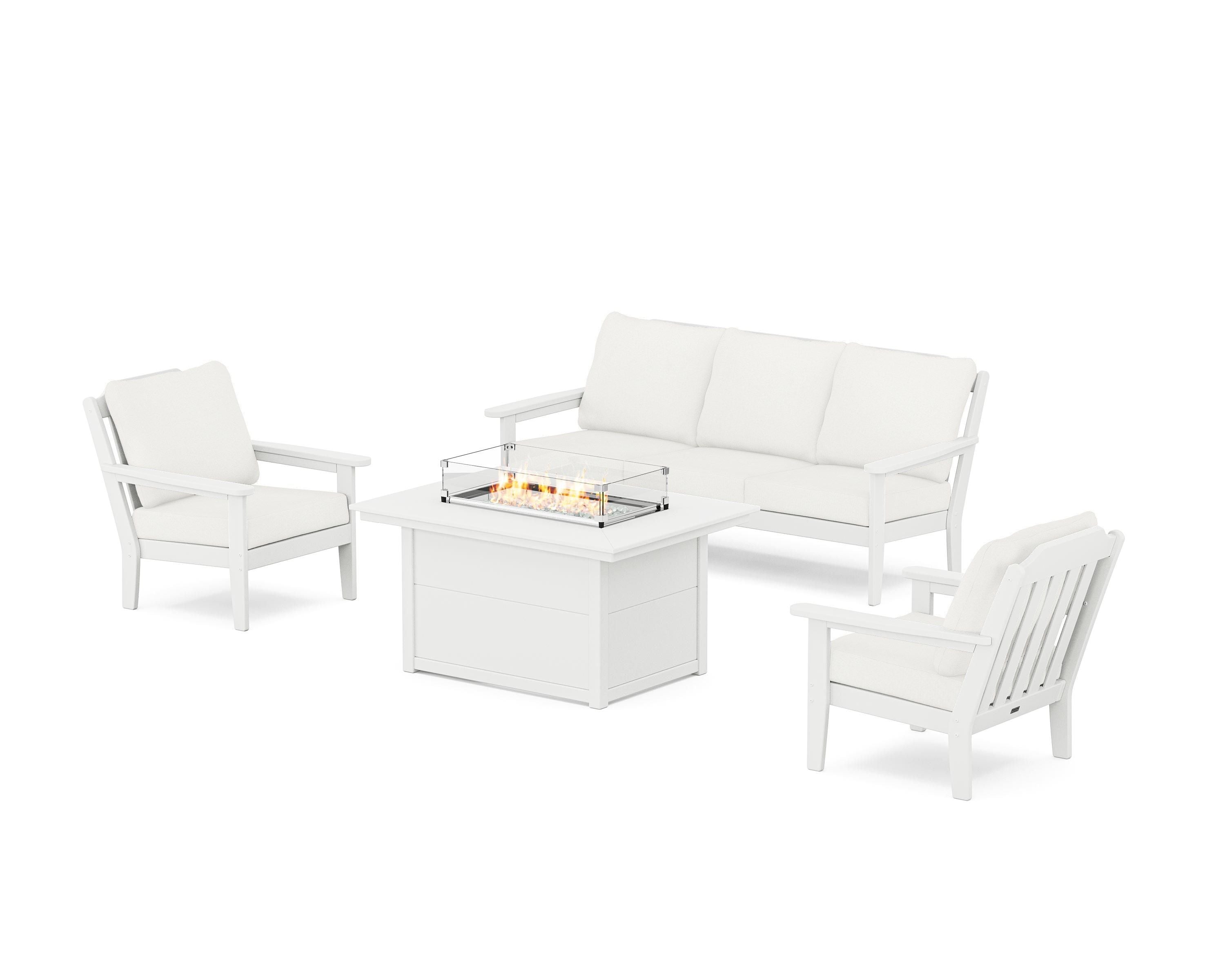 Country Living Cottage Deep Seating Fire Pit Table Set in White / Natural Linen