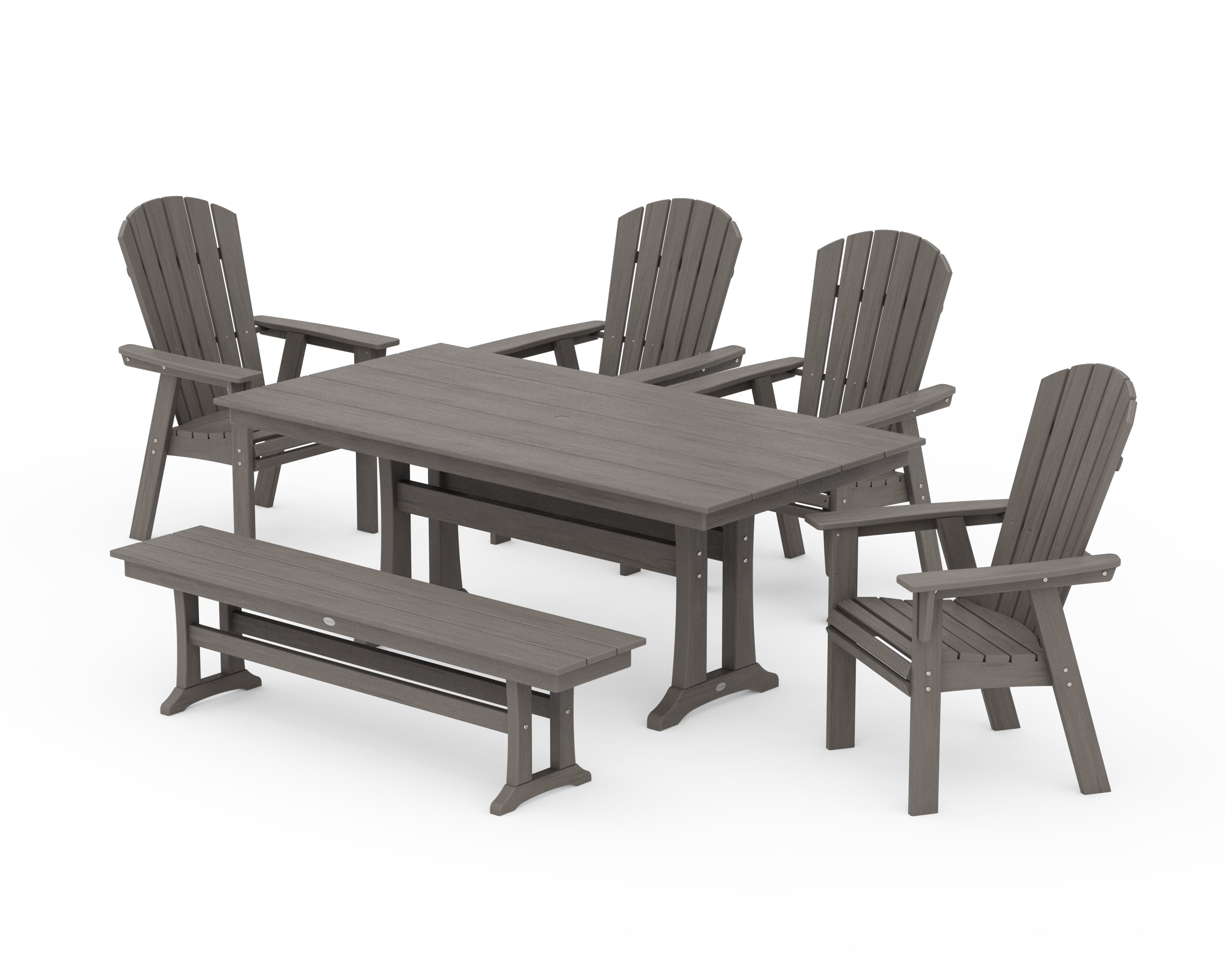 POLYWOOD Nautical Curveback Adirondack 6-Piece Farmhouse Dining Set with Trestle Legs and Bench in Driftwood