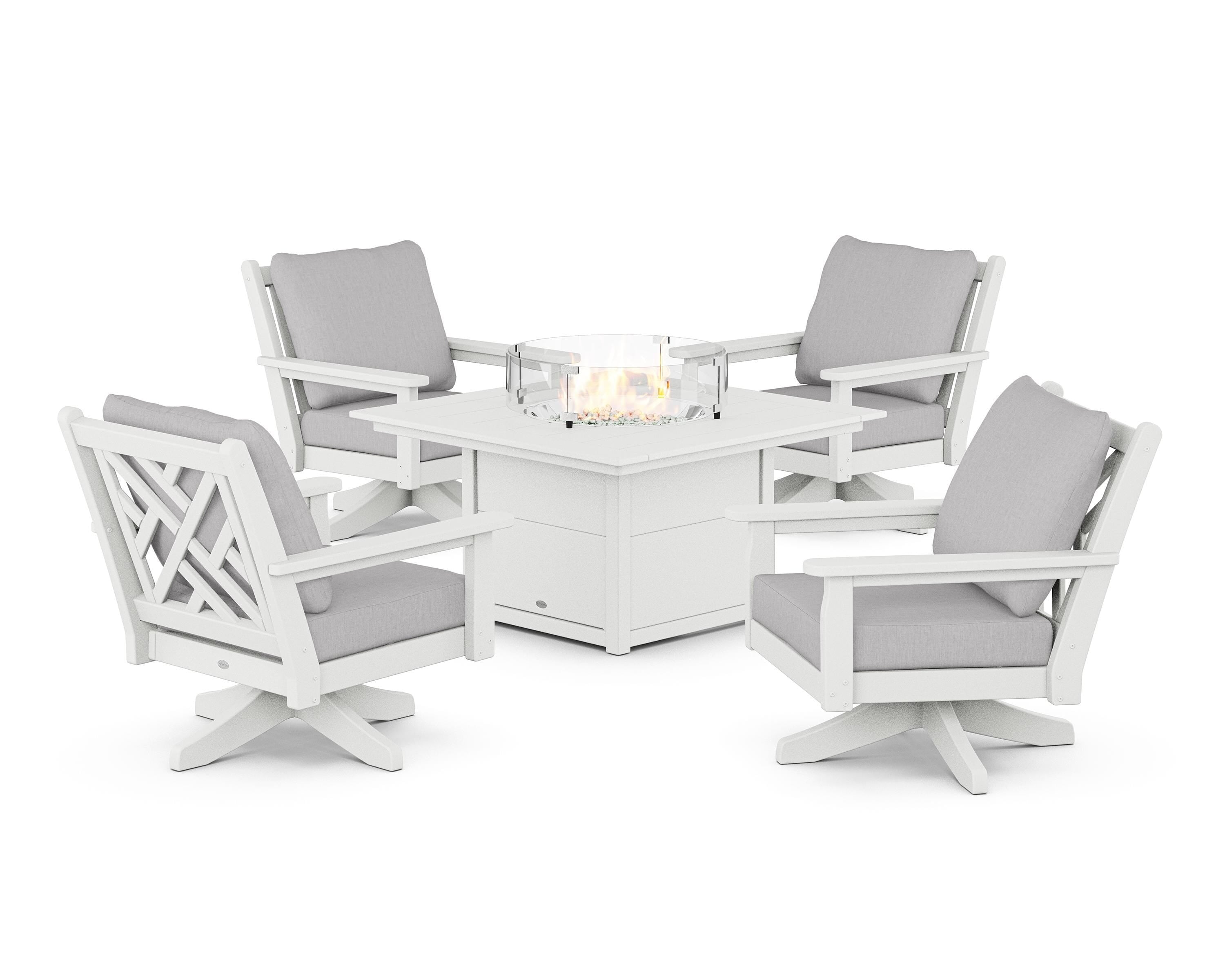 POLYWOOD Chippendale 5-Piece Deep Seating Swivel Conversation Set with Fire Pit Table in White / Granite