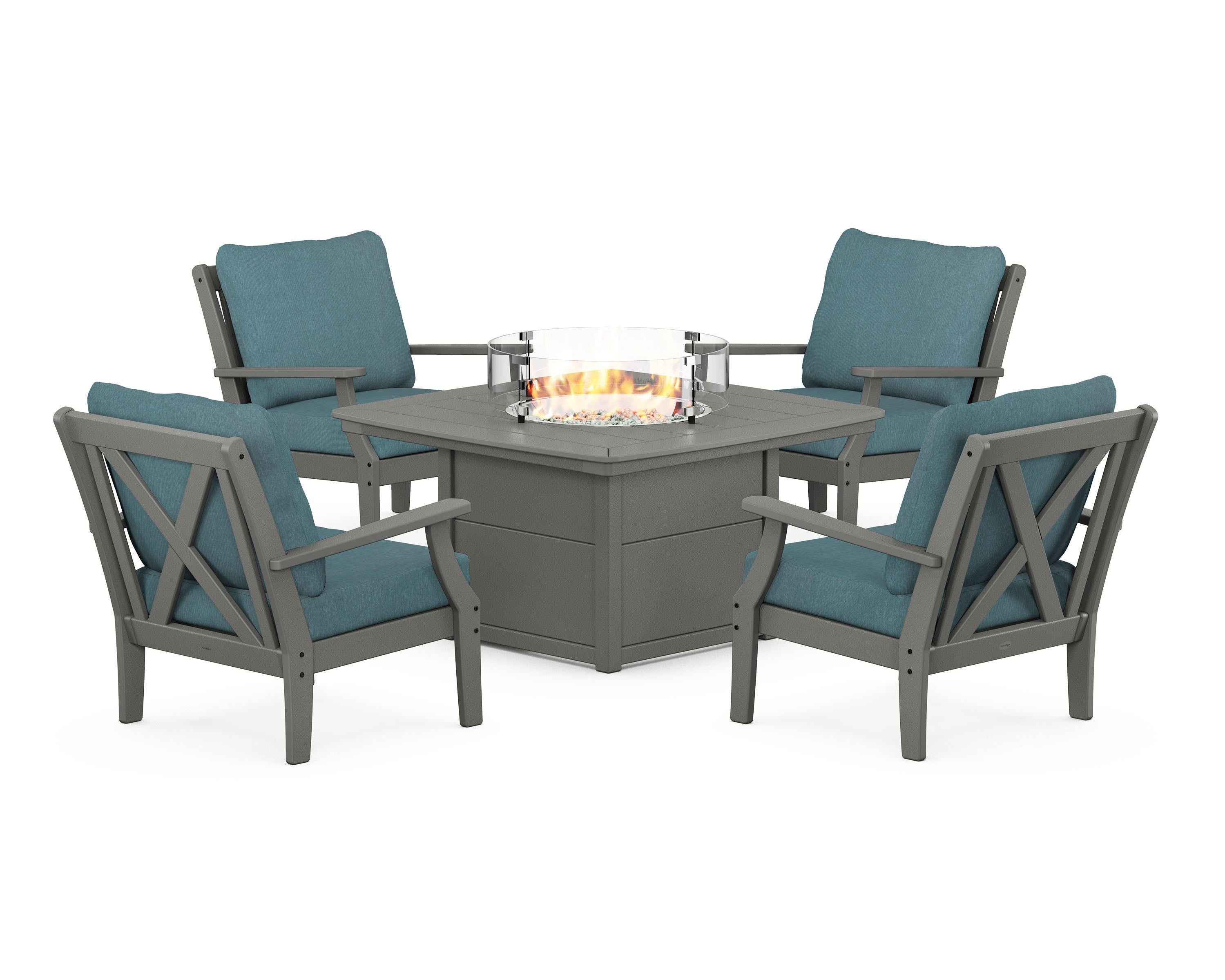 POLYWOOD Braxton 5-Piece Deep Seating Conversation Set with Fire Pit Table in Slate Grey / Ocean Teal