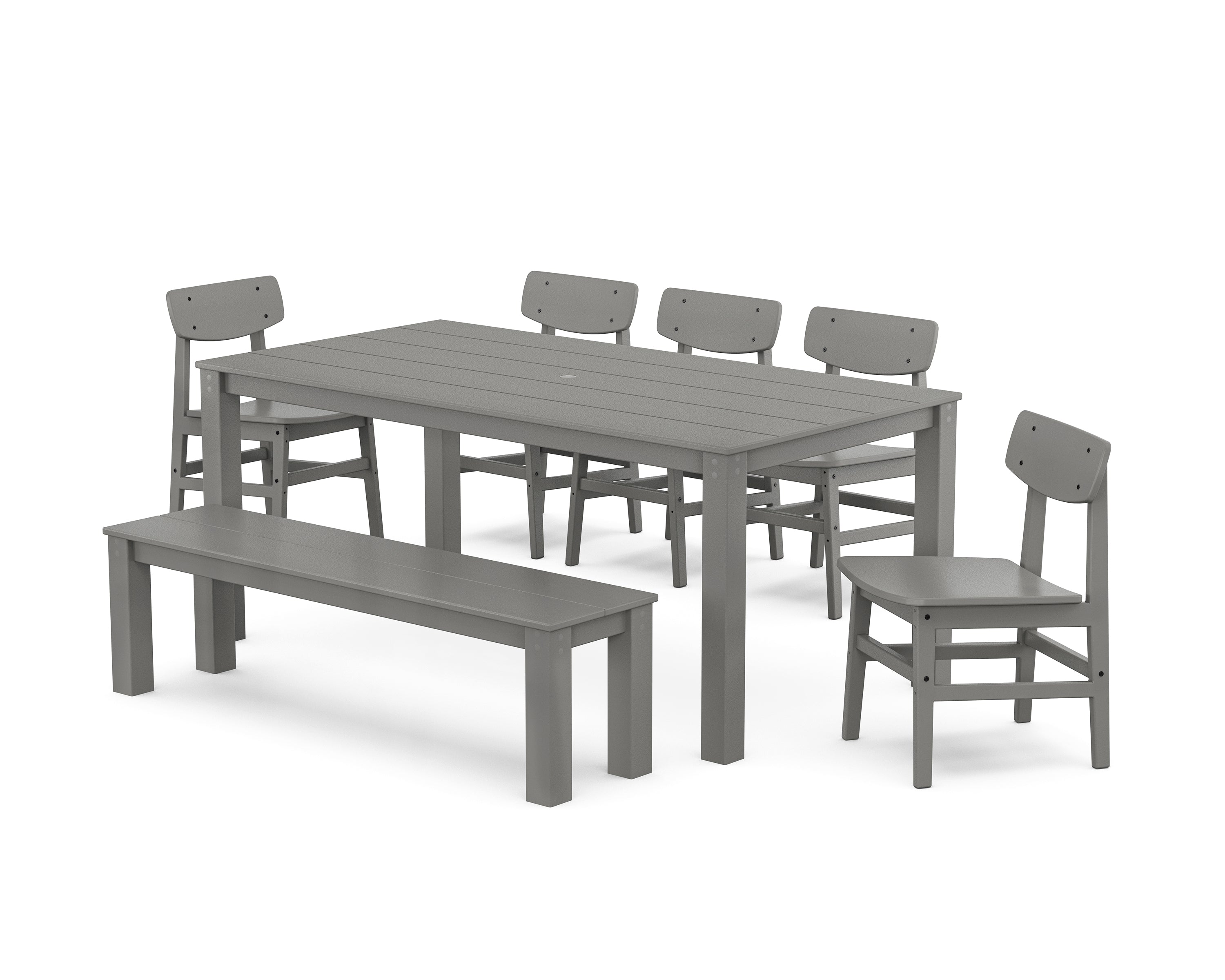 POLYWOOD® Modern Studio Urban Chair 7-Piece Parsons Dining Set with Bench in Slate Grey