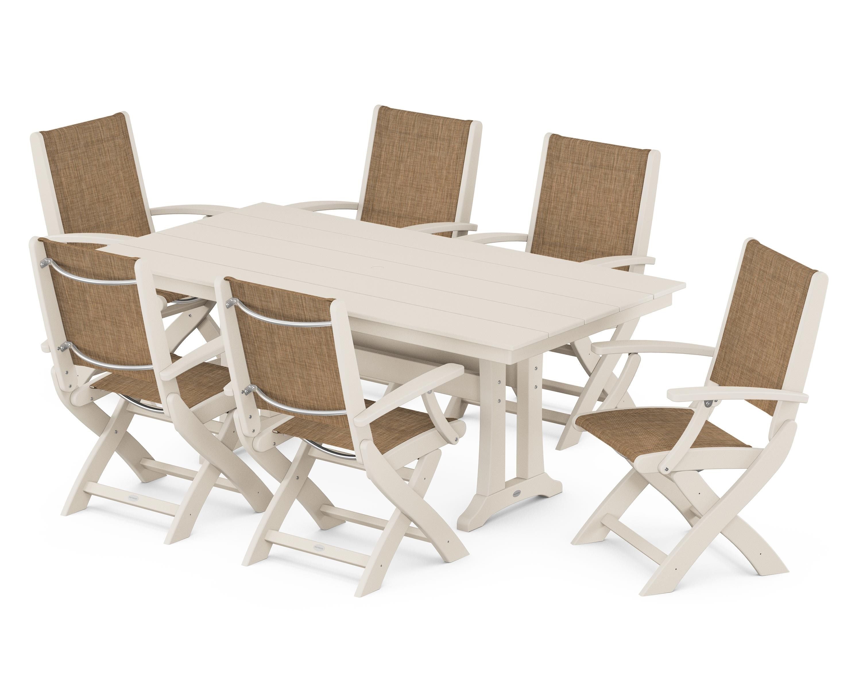 POLYWOOD Coastal Folding Arm Chair 7-Piece Farmhouse Dining Set with Trestle Legs in Sand / Burlap Sling